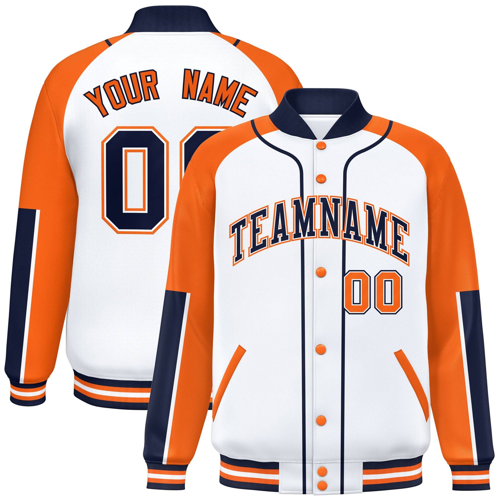 Custom White Orange-Navy Raglan Sleeves Varsity Full-Snap Letterman Baseball Jacket