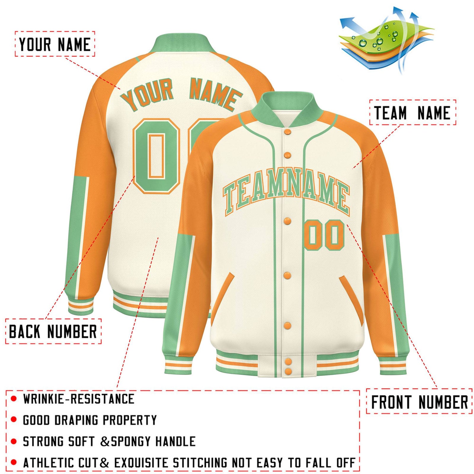 Custom Cream 0-Green Raglan Sleeves Varsity Full-Snap Letterman Baseball Jacket