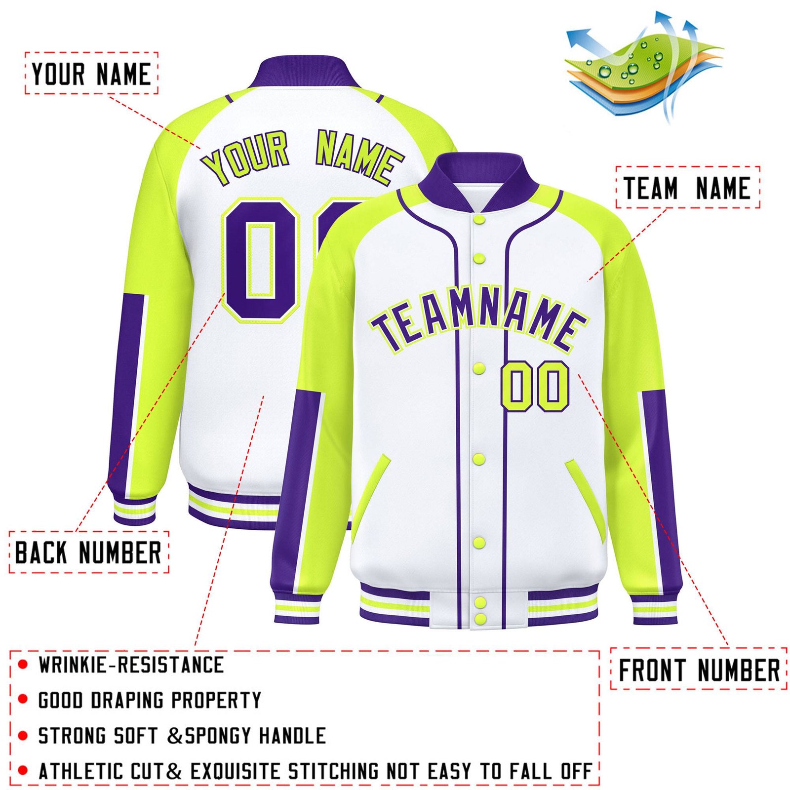 Custom White Neon Green-Purple Raglan Sleeves Varsity Full-Snap Letterman Baseball Jacket