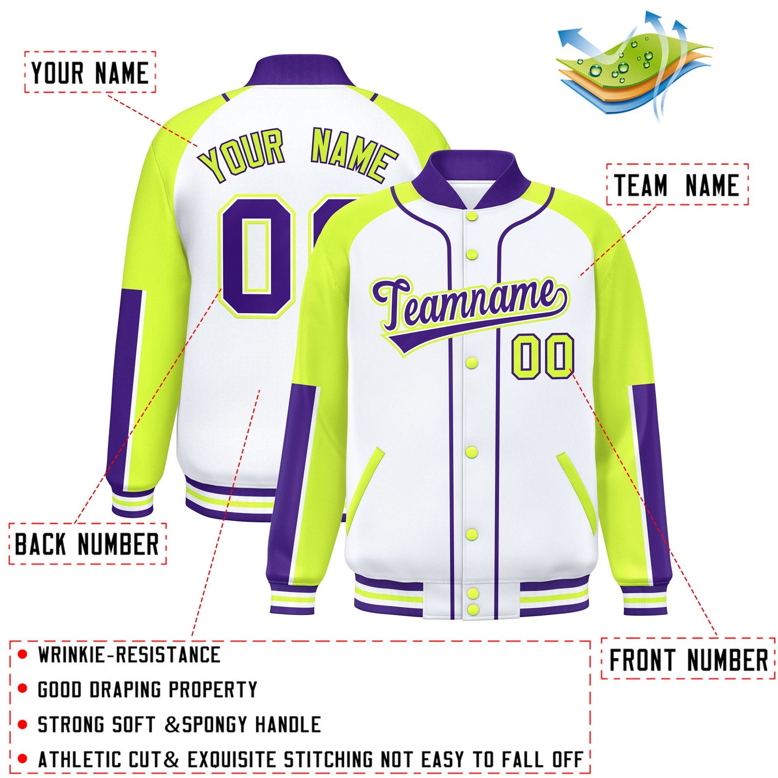 Custom White Neon Green-Purple Raglan Sleeves Varsity Full-Snap Letterman Baseball Jacket
