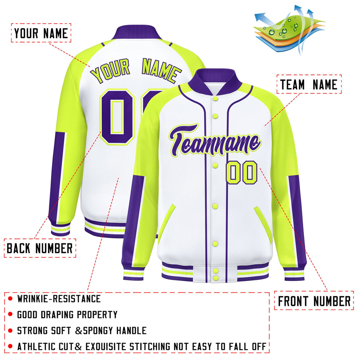 Custom White Neon Green-Purple Raglan Sleeves Varsity Full-Snap Letterman Baseball Jacket