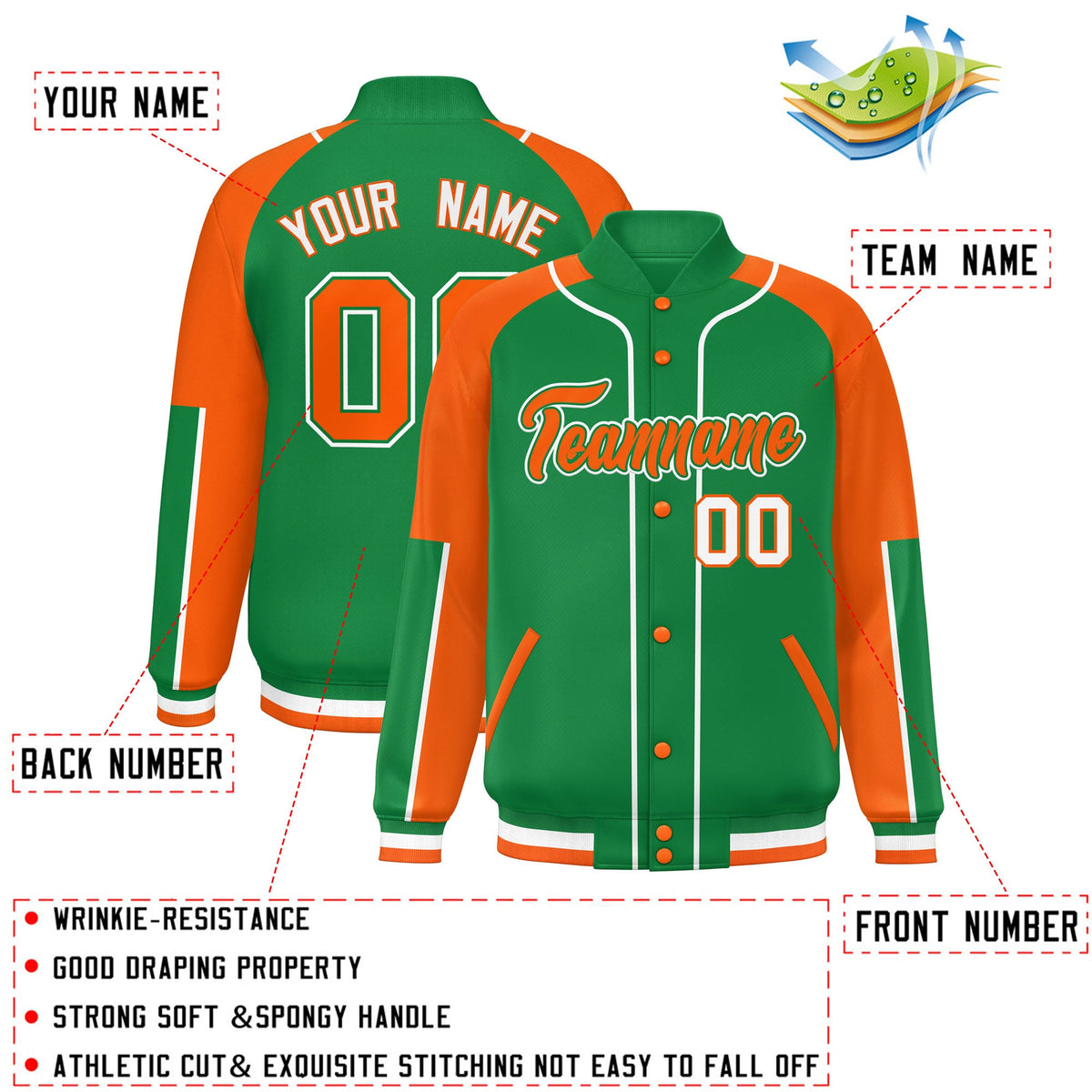Custom Kelly Green Orange-Kelly Green Raglan Sleeves Varsity Full-Snap Letterman Baseball Jacket