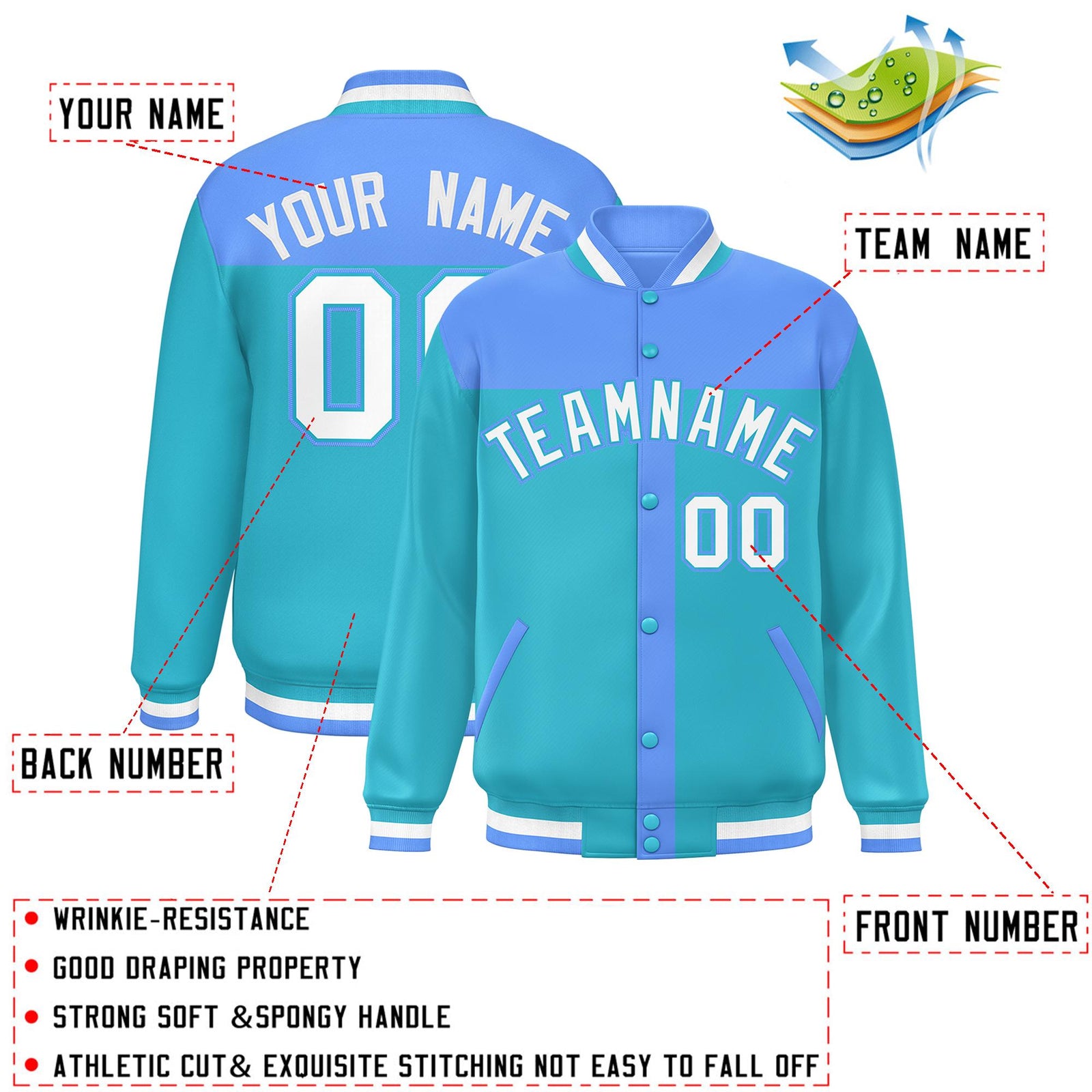 Custom Powder Blue Sky Blue Color Block Bomber Varsity Baseball Jacket