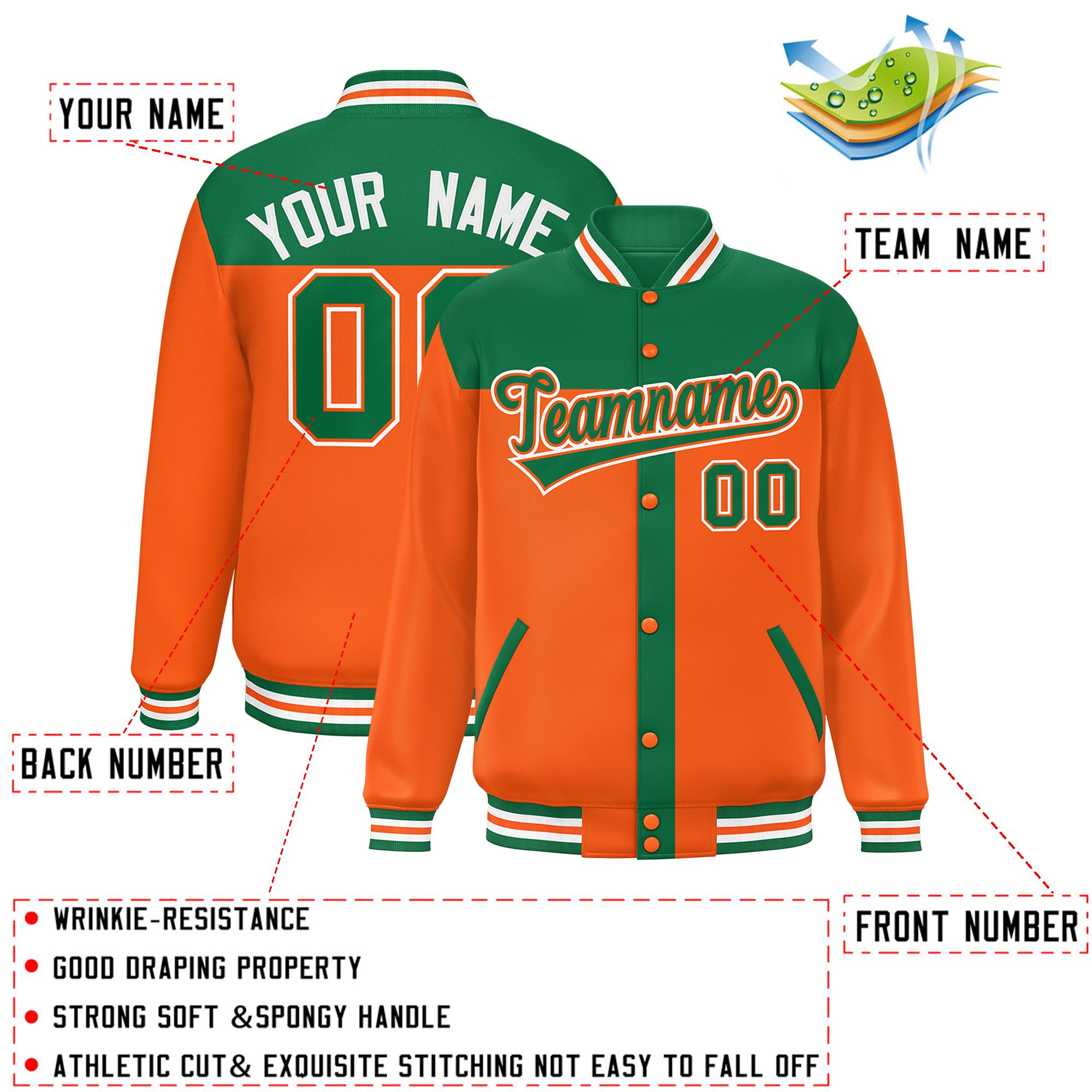 Custom Kelly Green Orange Color Block Bomber Varsity Baseball Jacket