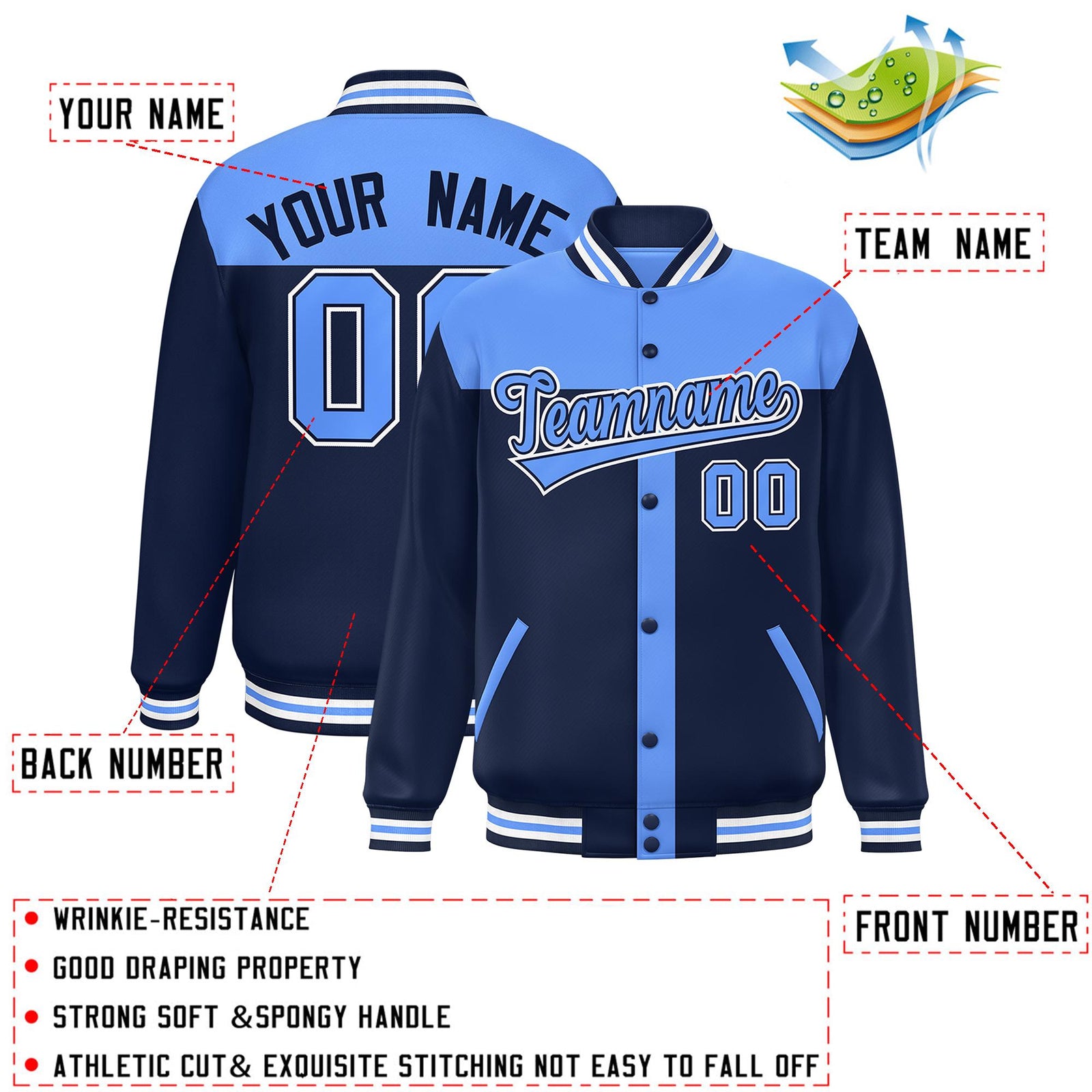 Custom Powder Blue Navy Color Block Bomber Varsity Baseball Jacket