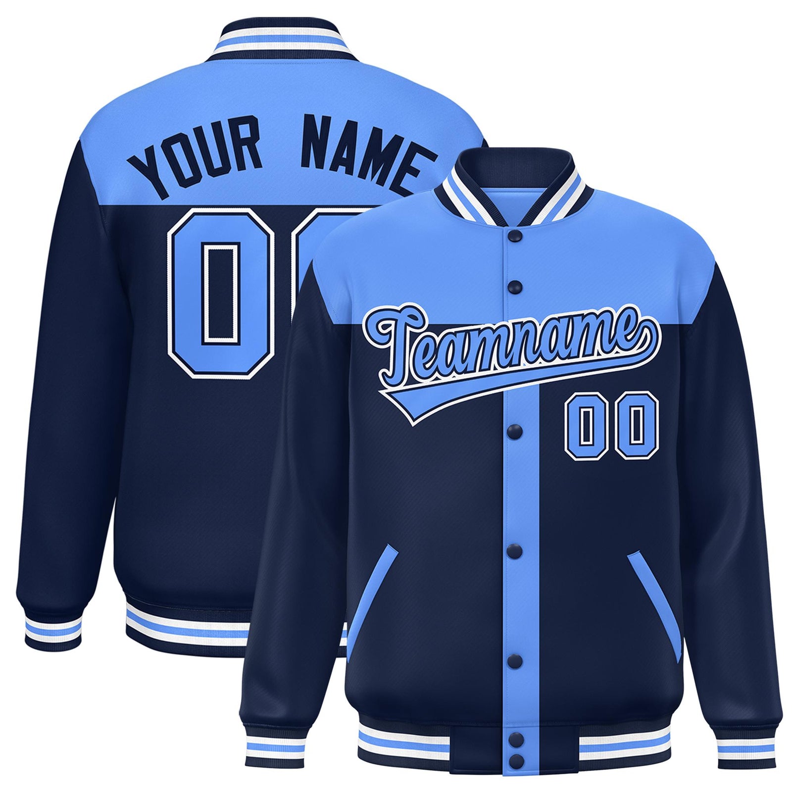 Custom Powder Blue Navy Color Block Bomber Varsity Baseball Jacket