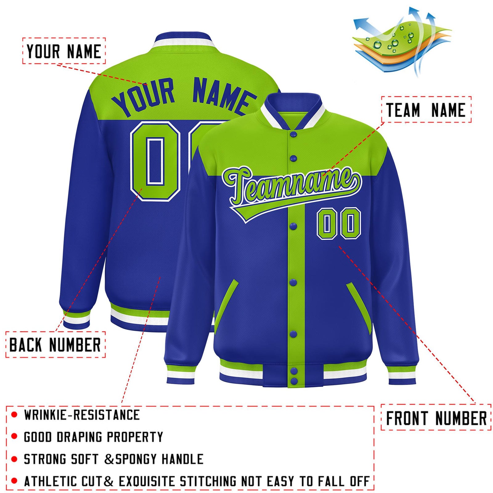 Custom Neon Green Royal Color Block Bomber Varsity Baseball Jacket