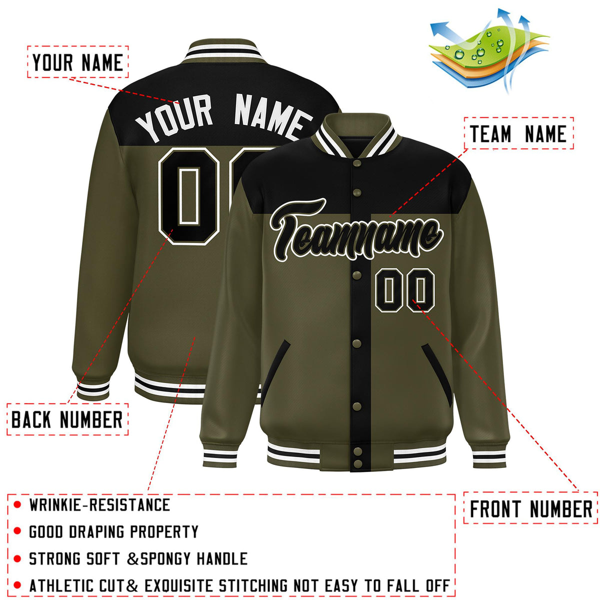 Custom Black Olive Color Block Bomber Varsity Baseball Jacket