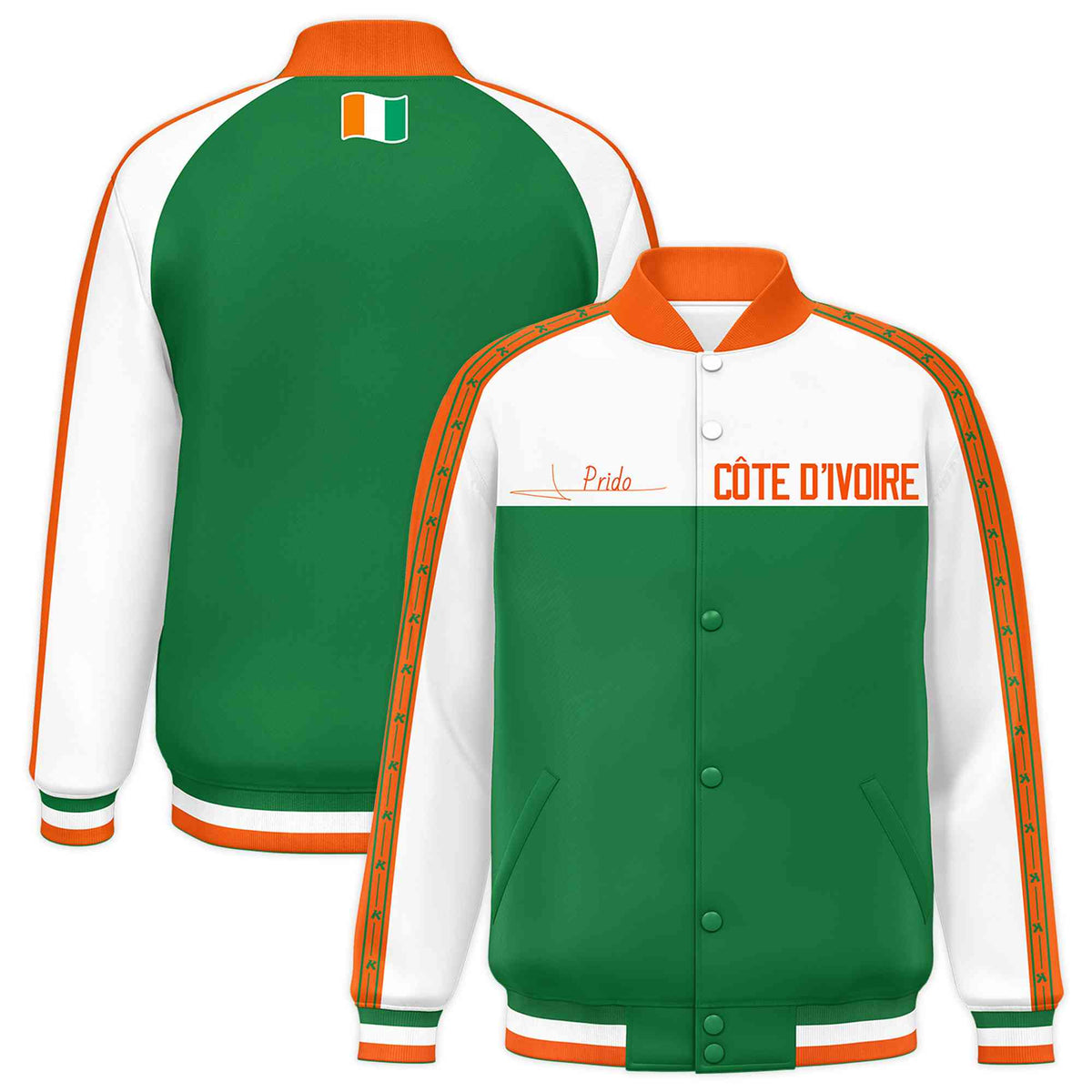 Custom Kelly Green White Raglan Sleeves Varsity Full-Snap Color Block Letterman Prido Jacket