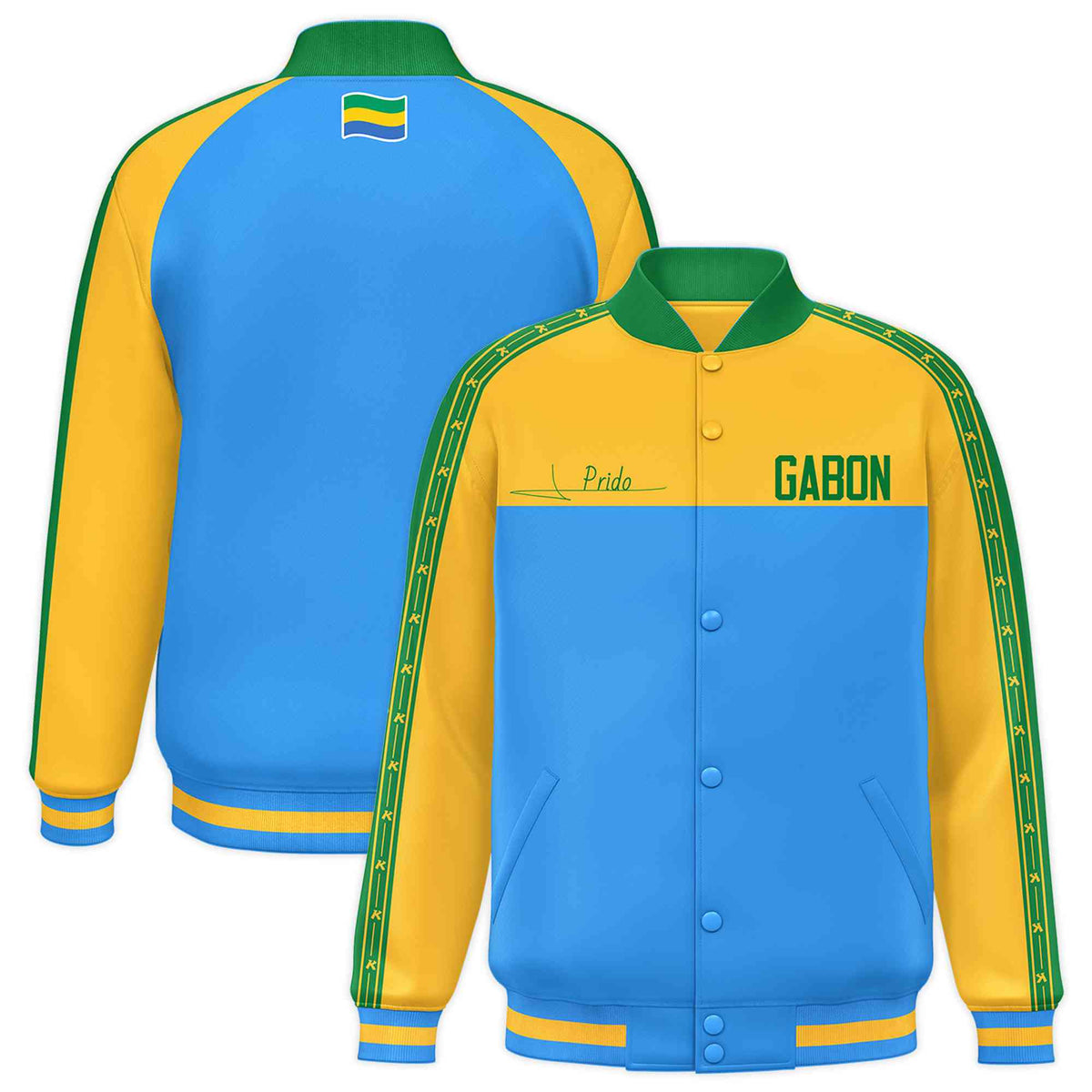 Custom Powder Blue Gold Raglan Sleeves Varsity Full-Snap Color Block Letterman Prido Jacket