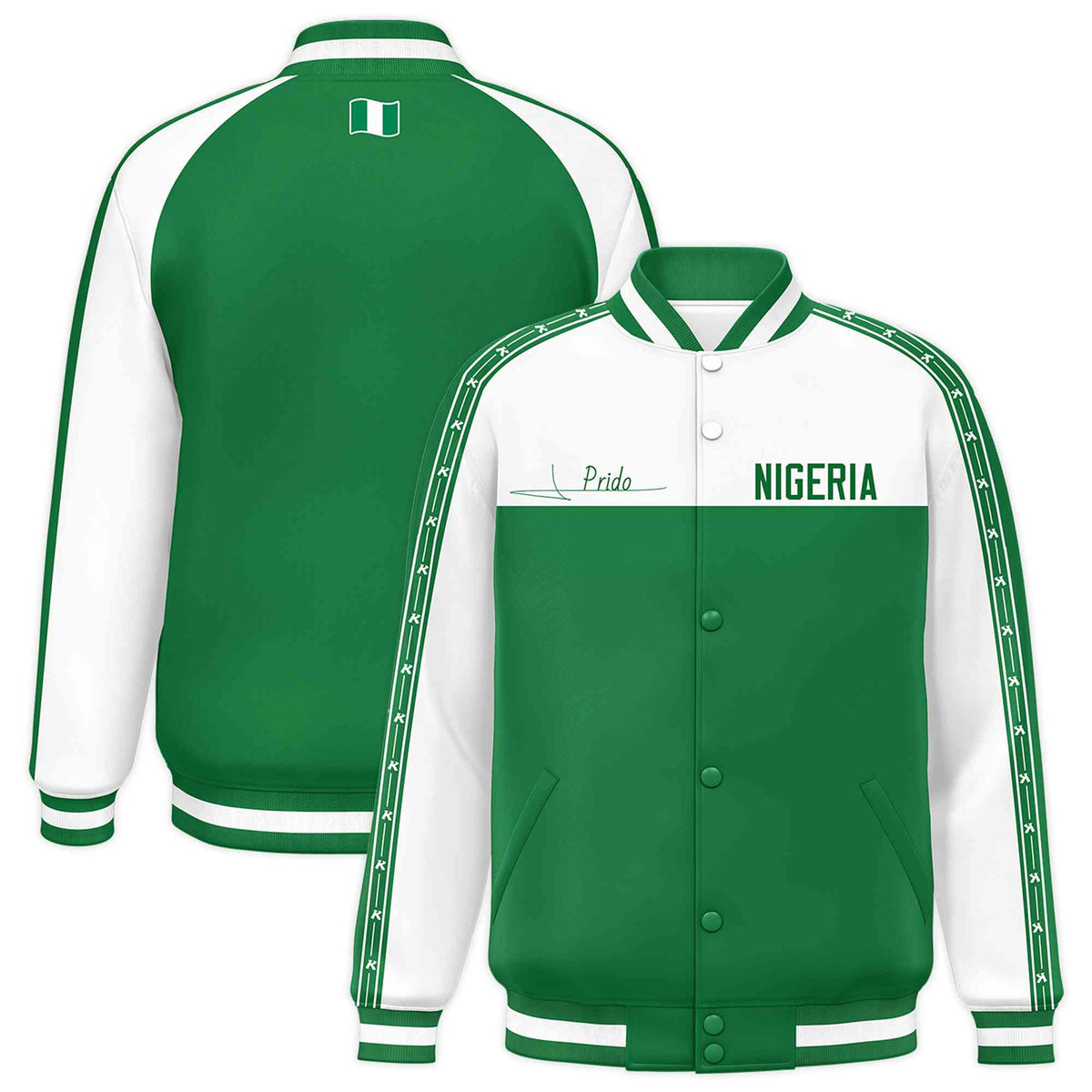 Custom Kelly Green White Raglan Sleeves Varsity Full-Snap Color Block Letterman Prido Jacket