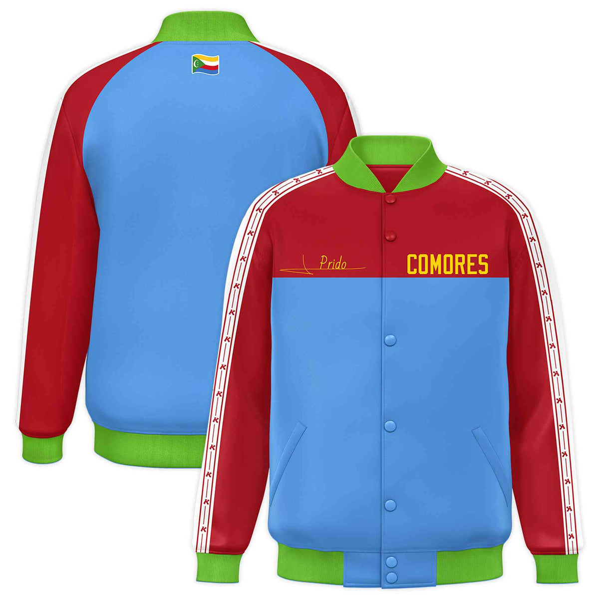 Custom Powder Blue Red Raglan Sleeves Varsity Full-Snap Color Block Letterman Prido Jacket