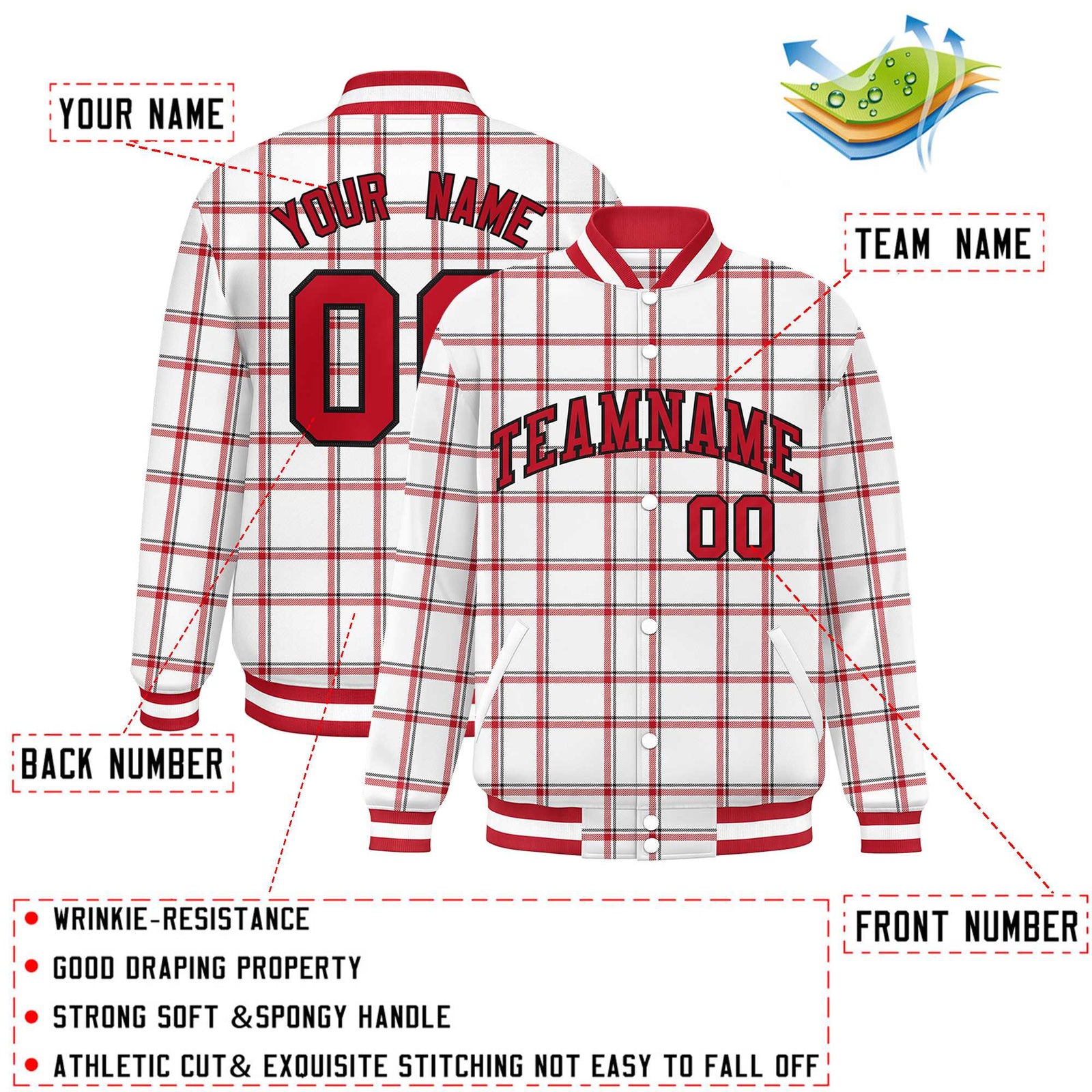 Custom White Varsity Full-Snap Plaid Pattern Letterman Baseball Jacket