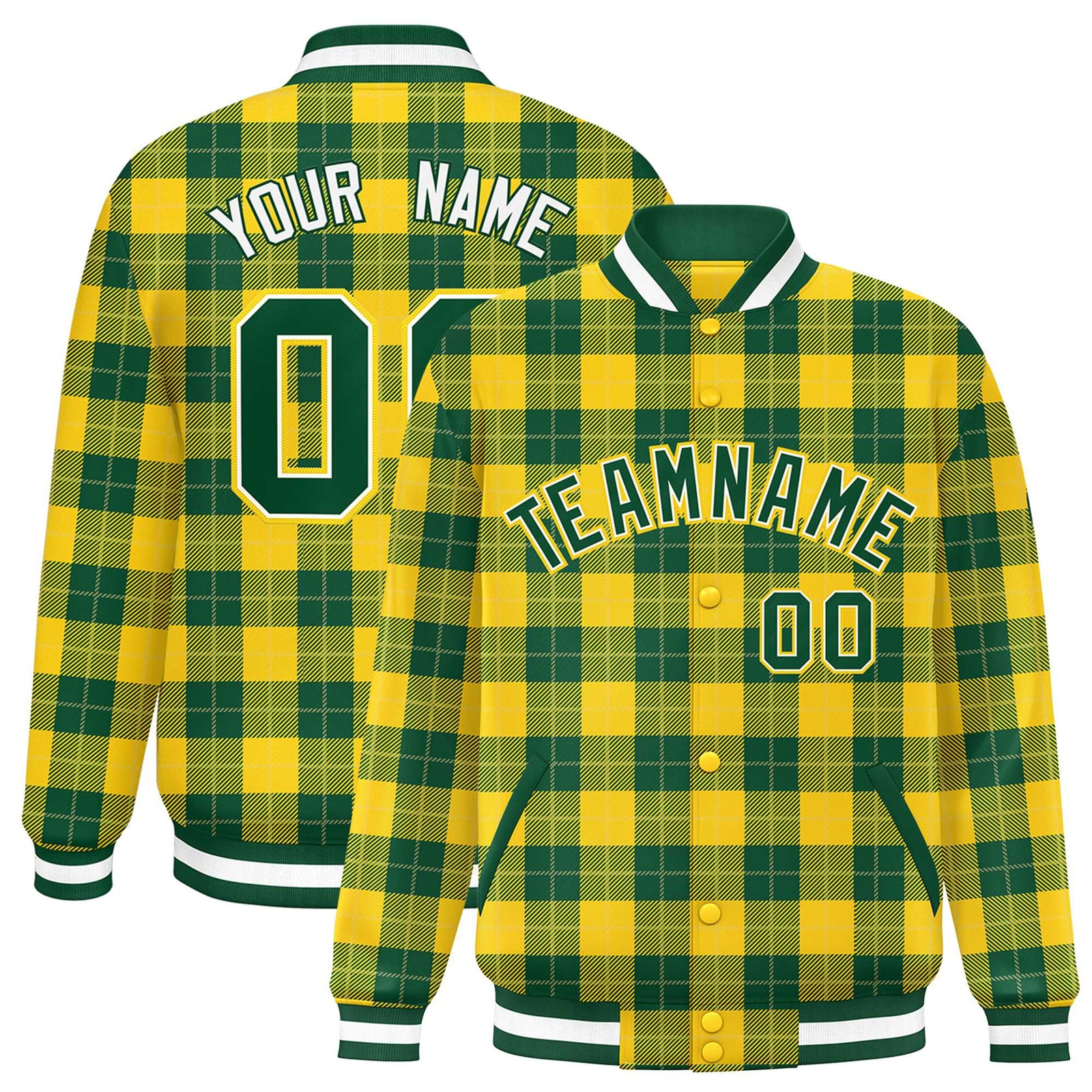 Custom Green Gold Varsity Full-Snap Plaid Pattern Letterman Baseball Jacket