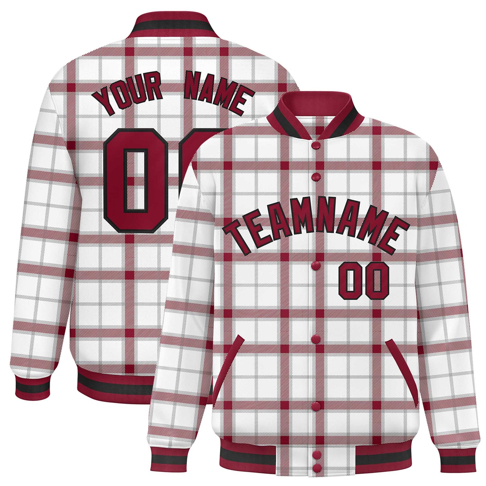 Custom White Varsity Full-Snap Plaid Pattern Letterman Baseball Jacket