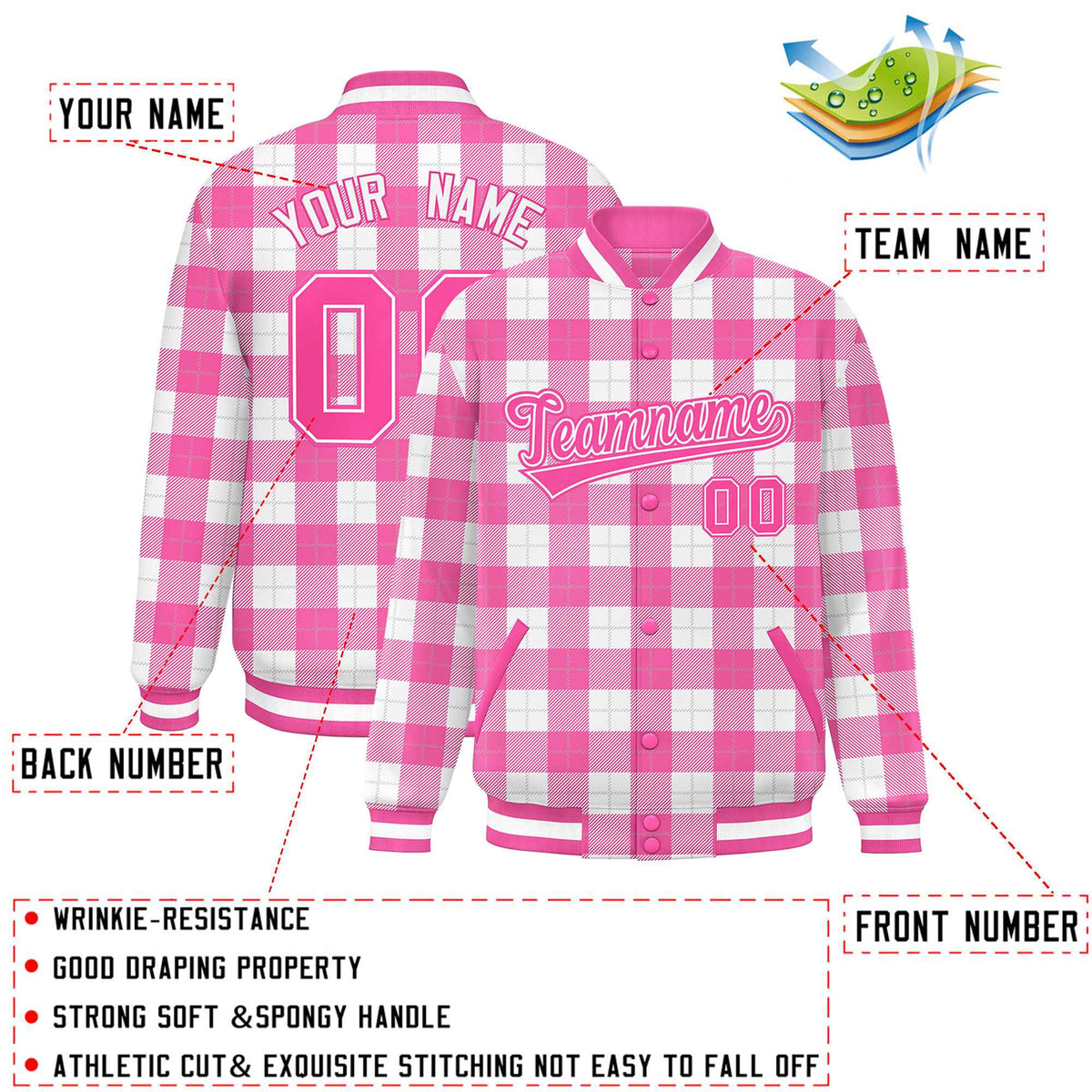 Custom Pink White Varsity Full-Snap Plaid Pattern Letterman Baseball Jacket