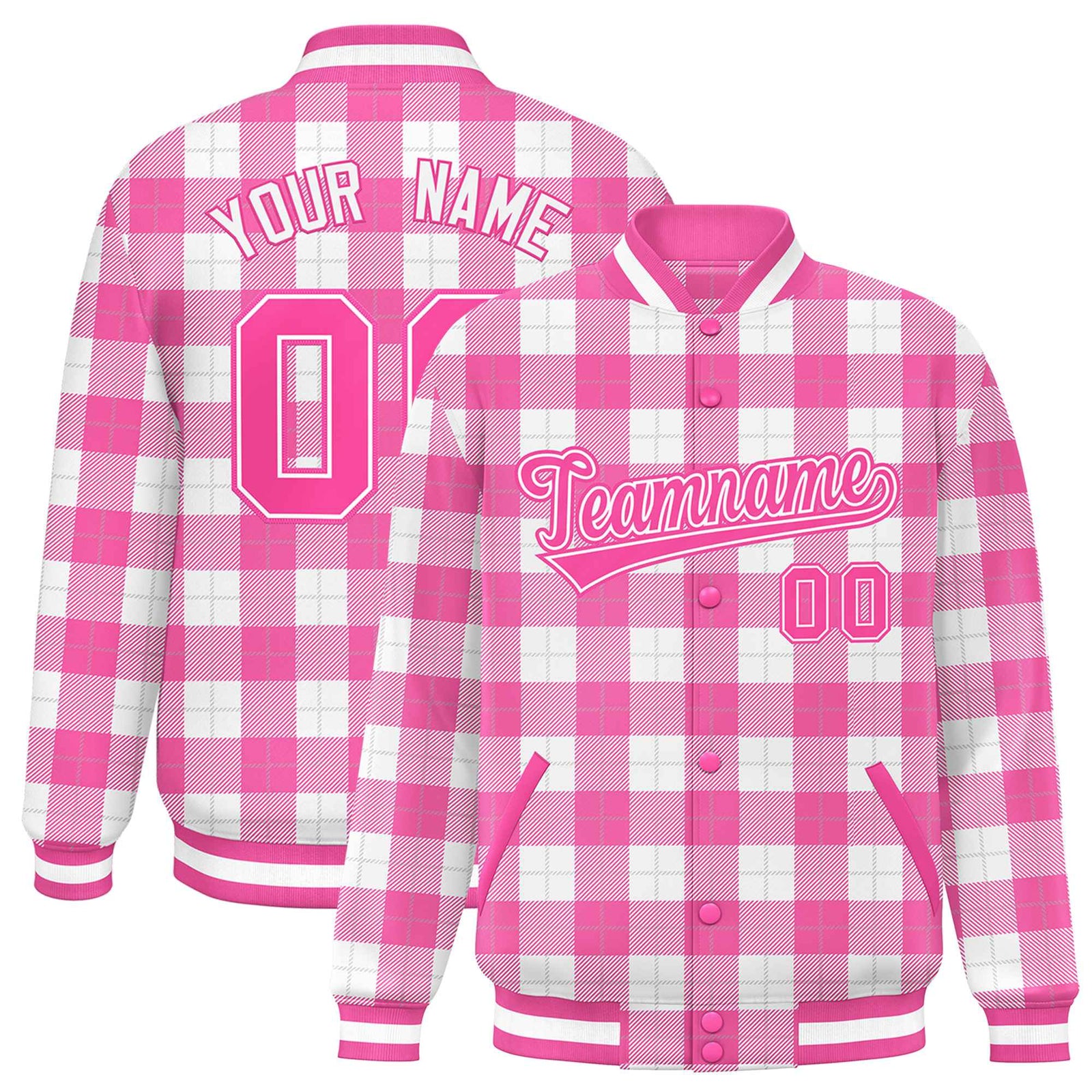 Custom Pink White Varsity Full-Snap Plaid Pattern Letterman Baseball Jacket