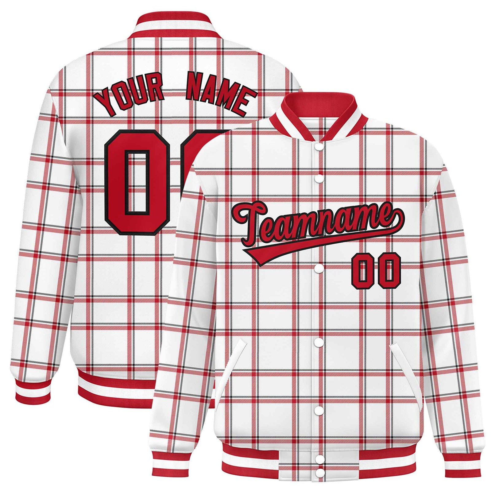 Custom White Varsity Full-Snap Plaid Pattern Letterman Baseball Jacket