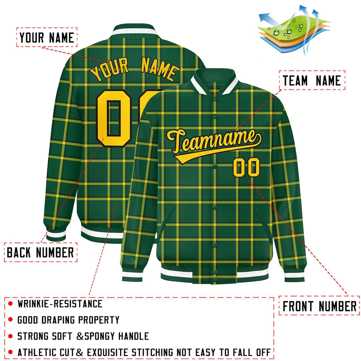 Custom Green Varsity Full-Snap Plaid Pattern Letterman Baseball Jacket