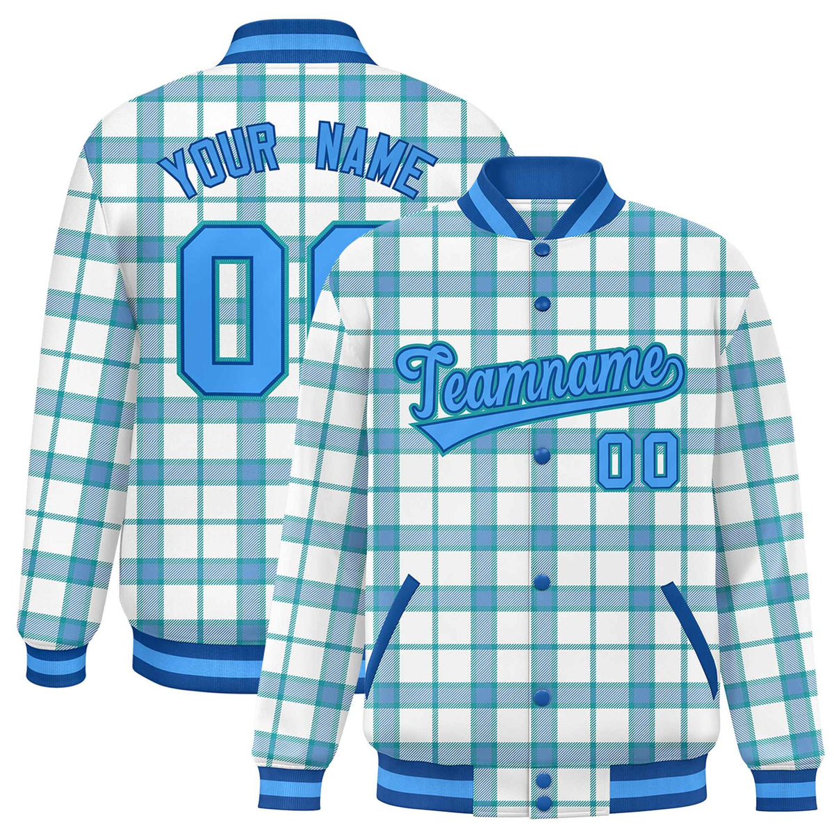 Custom White Aqua Varsity Full-Snap Plaid Pattern Letterman Baseball Jacket