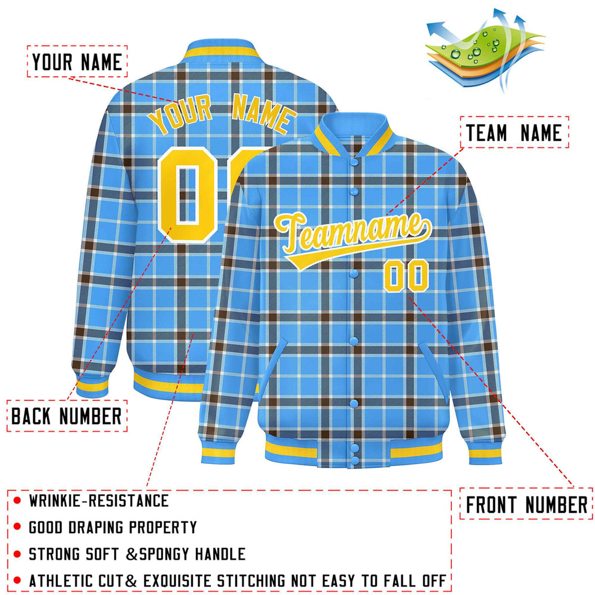 Custom Powder Blue Varsity Full-Snap Plaid Pattern Letterman Baseball Jacket