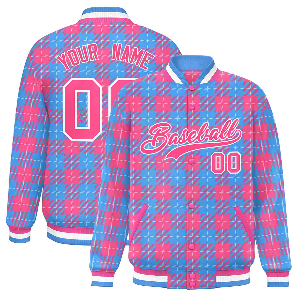 Custom Powder Blue Pink Varsity Full-Snap Plaid Pattern Letterman Baseball Jacket