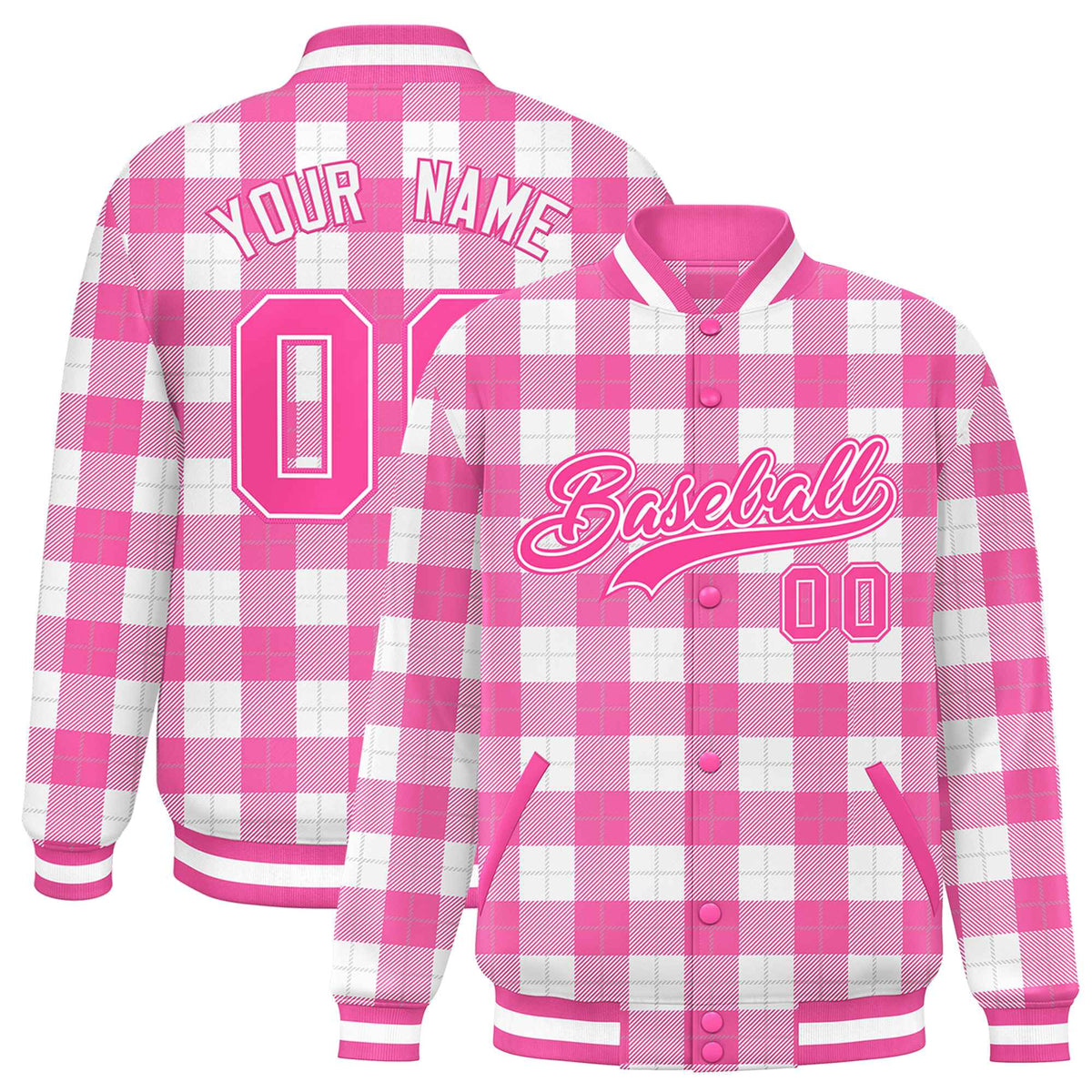 Custom Pink White Varsity Full-Snap Plaid Pattern Letterman Baseball Jacket