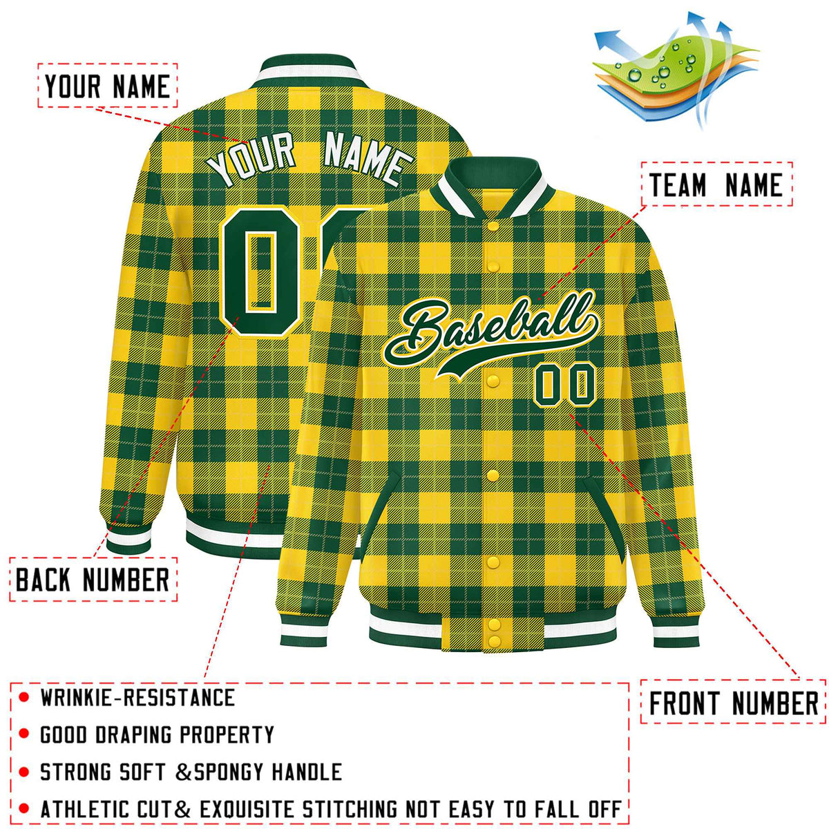 Custom Green Gold Varsity Full-Snap Plaid Pattern Letterman Baseball Jacket