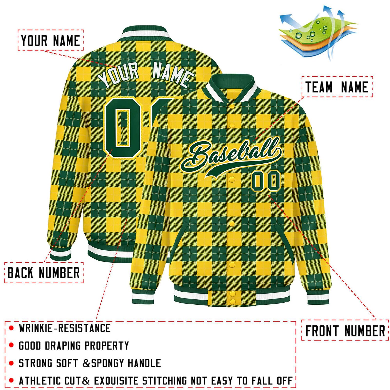 Custom Green Gold Varsity Full-Snap Plaid Pattern Letterman Baseball Jacket