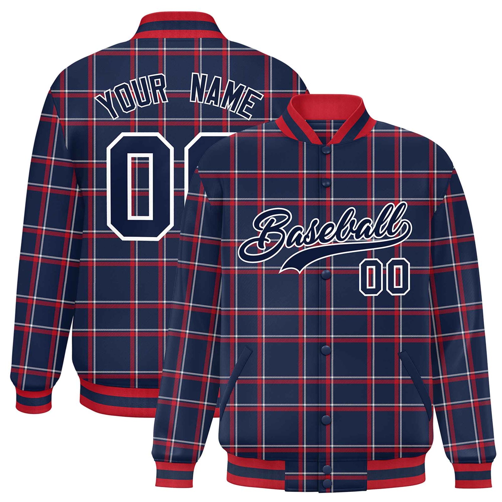 Custom Navy Varsity Full-Snap Plaid Pattern Letterman Baseball Jacket