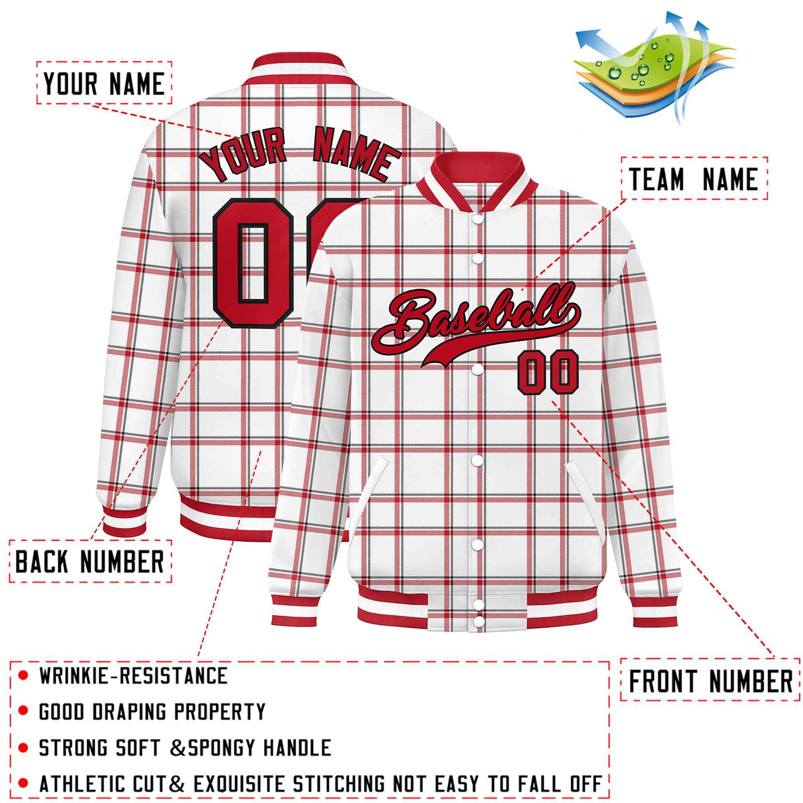 Custom White Varsity Full-Snap Plaid Pattern Letterman Baseball Jacket