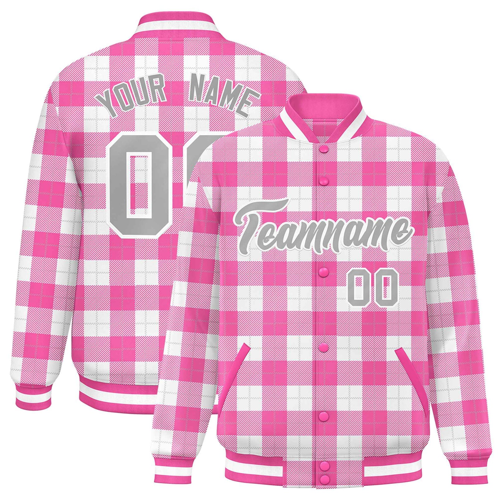 Custom Pink White Varsity Full-Snap Plaid Pattern Letterman Baseball Jacket