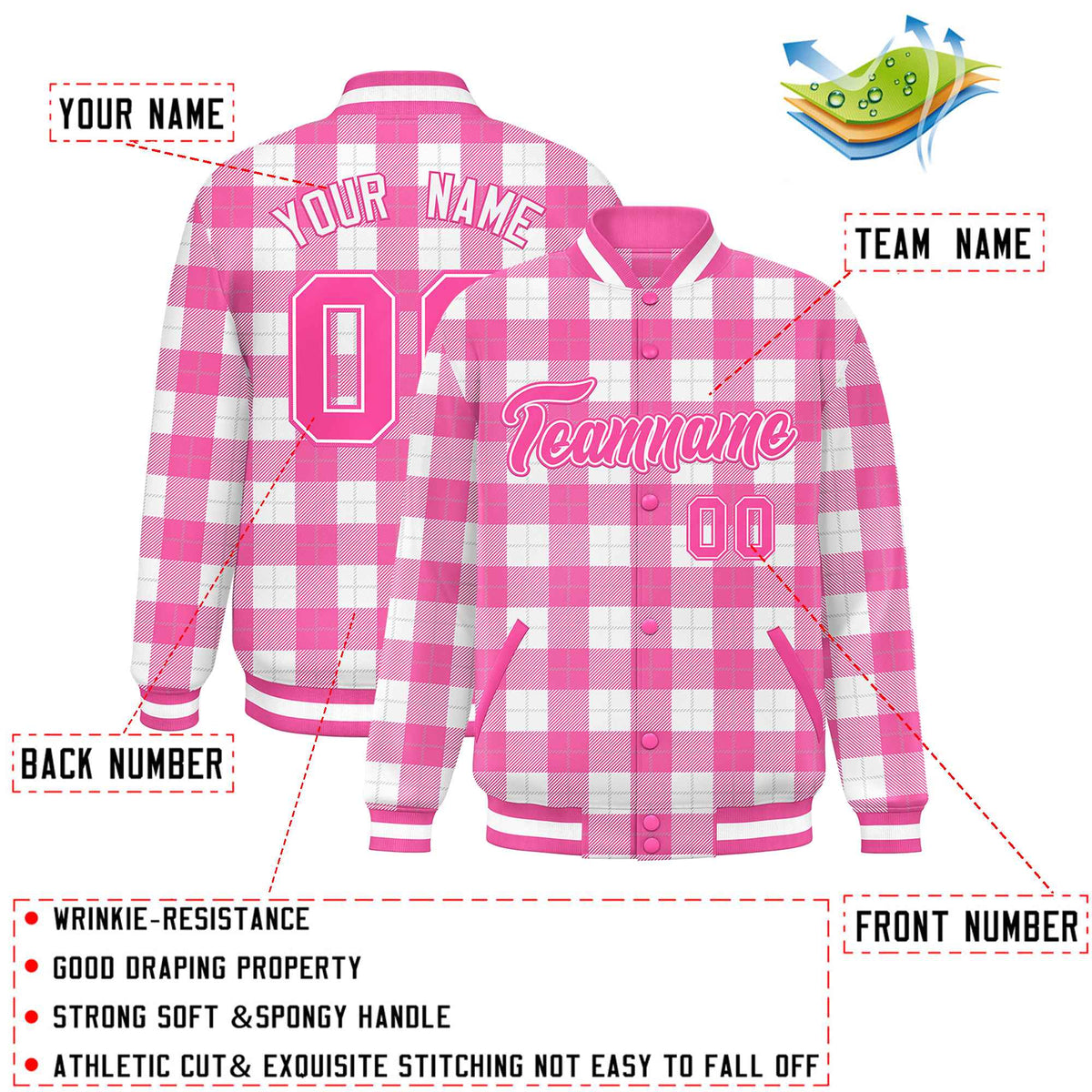 Custom Pink White Varsity Full-Snap Plaid Pattern Letterman Baseball Jacket