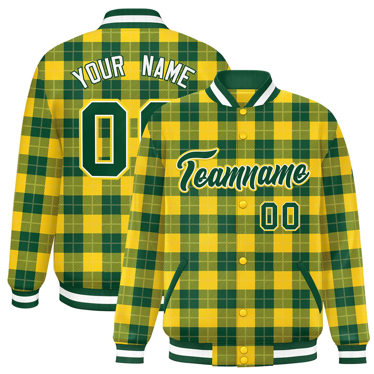 Custom Green Gold Varsity Full-Snap Plaid Pattern Letterman Baseball Jacket