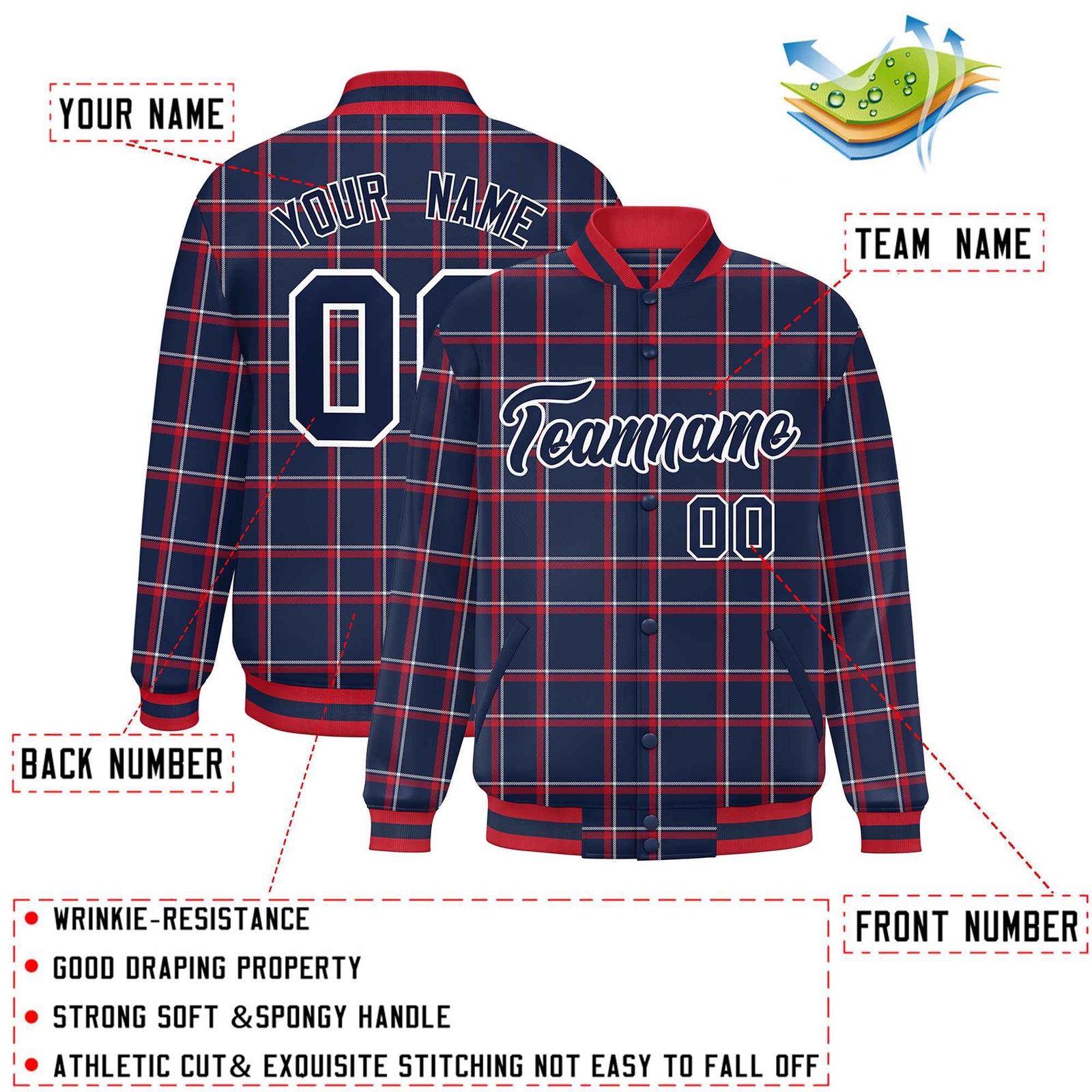 Custom Navy Varsity Full-Snap Plaid Pattern Letterman Baseball Jacket