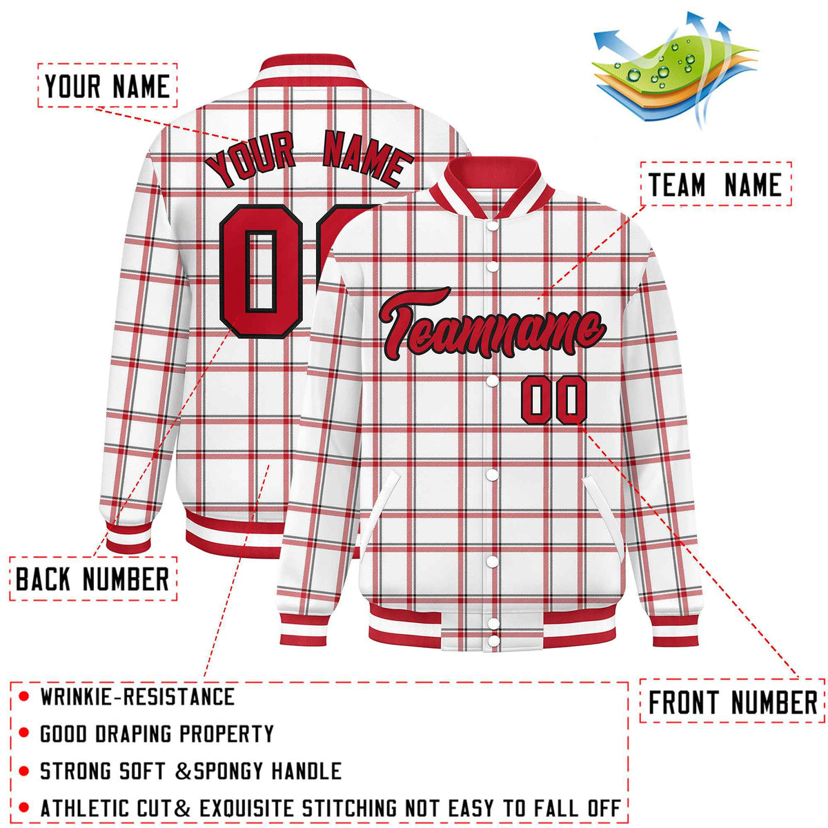 Custom White Varsity Full-Snap Plaid Pattern Letterman Baseball Jacket