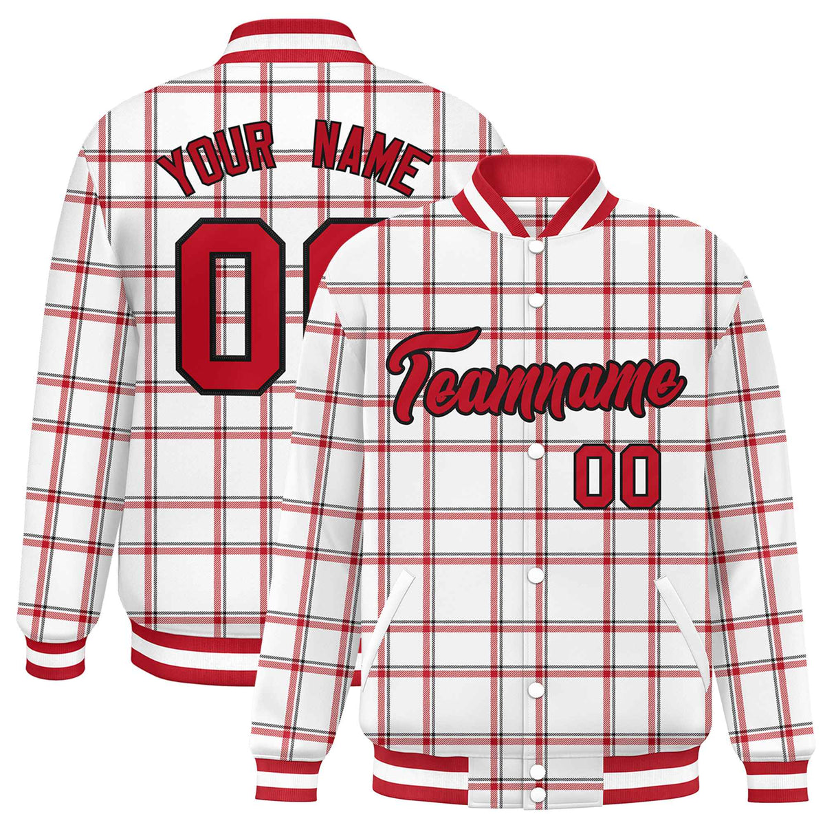 Custom White Varsity Full-Snap Plaid Pattern Letterman Baseball Jacket
