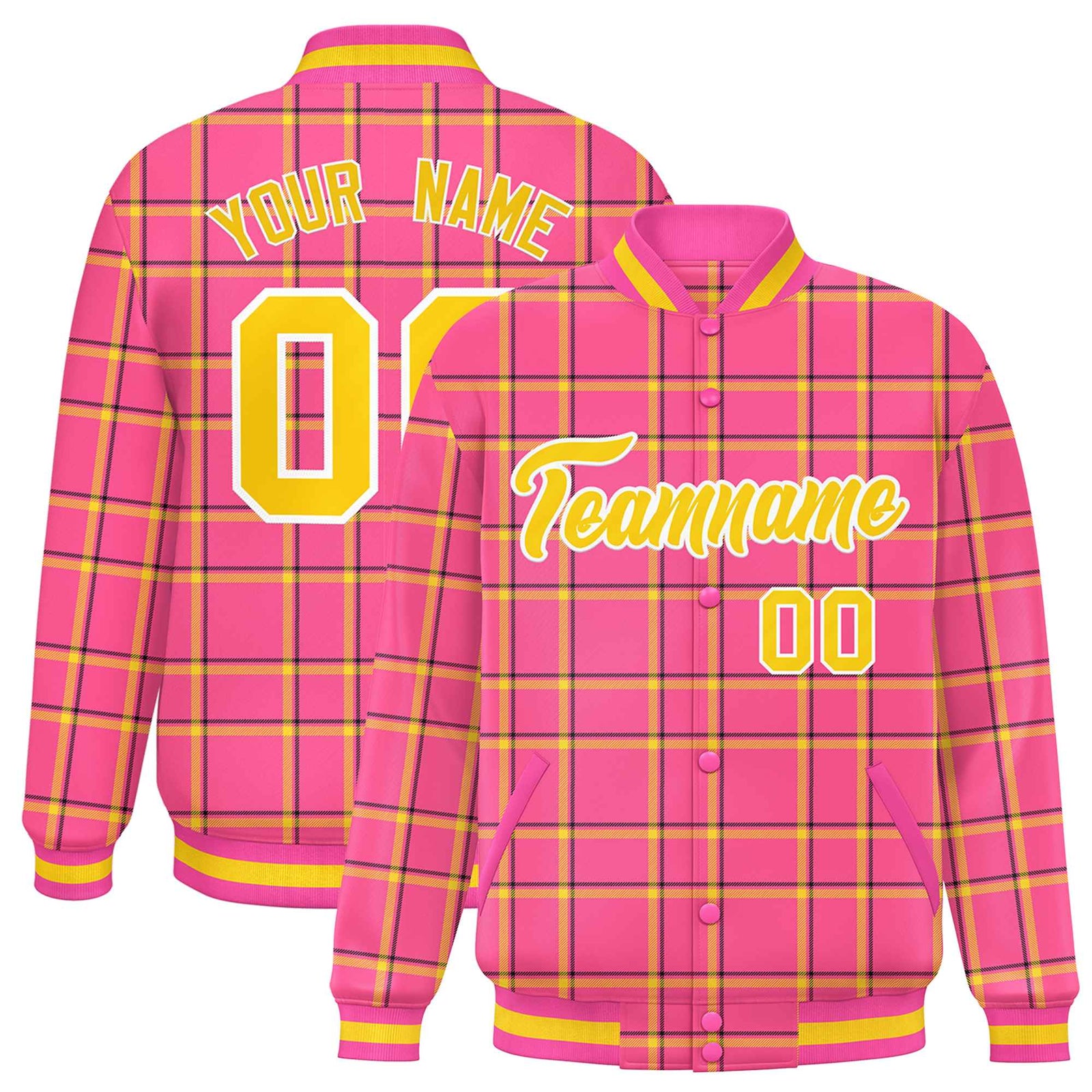 Custom Pink Varsity Full-Snap Plaid Pattern Letterman Baseball Jacket