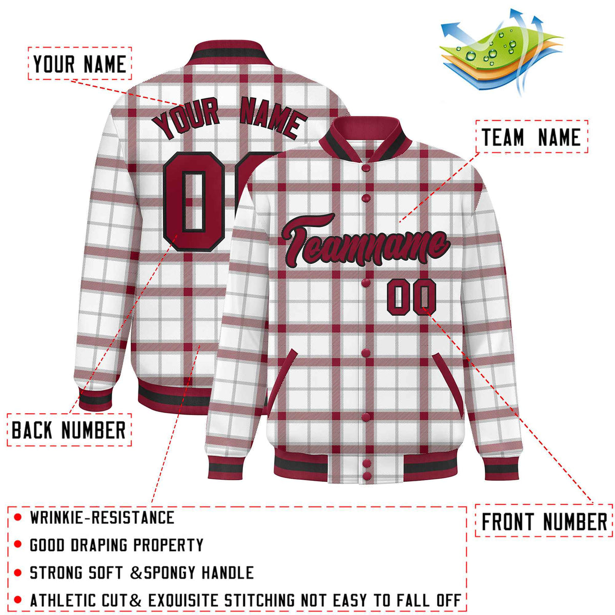 Custom White Varsity Full-Snap Plaid Pattern Letterman Baseball Jacket