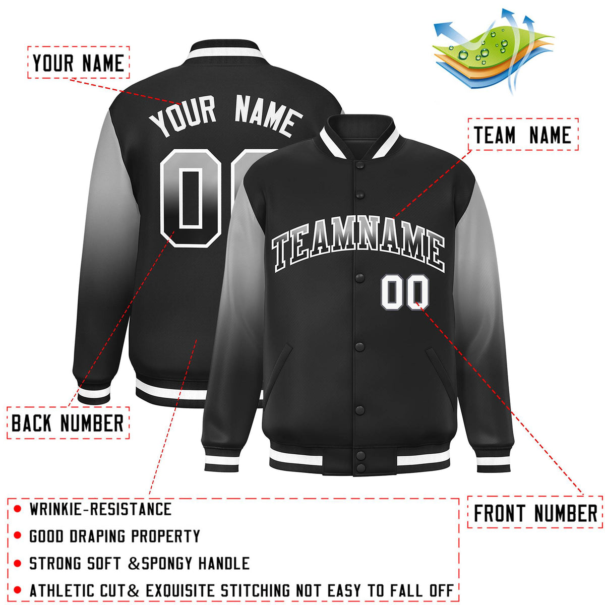 Custom Black Gray-Black Gradient Varsity Full-Snap Raglan Sleeves Baseball Jacket