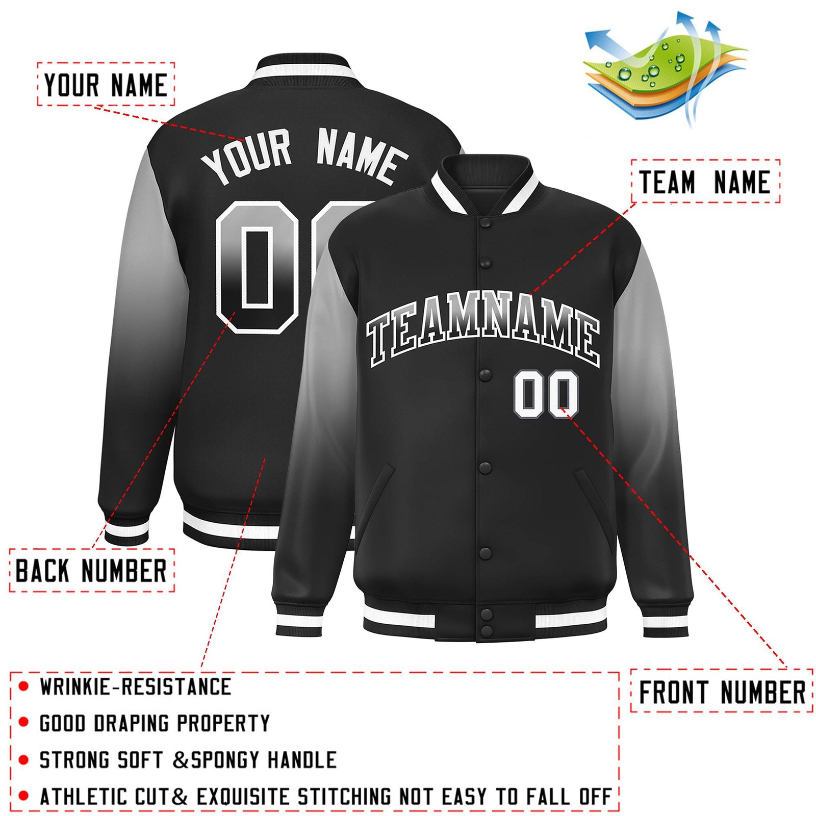 Custom Black Gray-Black Gradient Varsity Full-Snap Raglan Sleeves Baseball Jacket