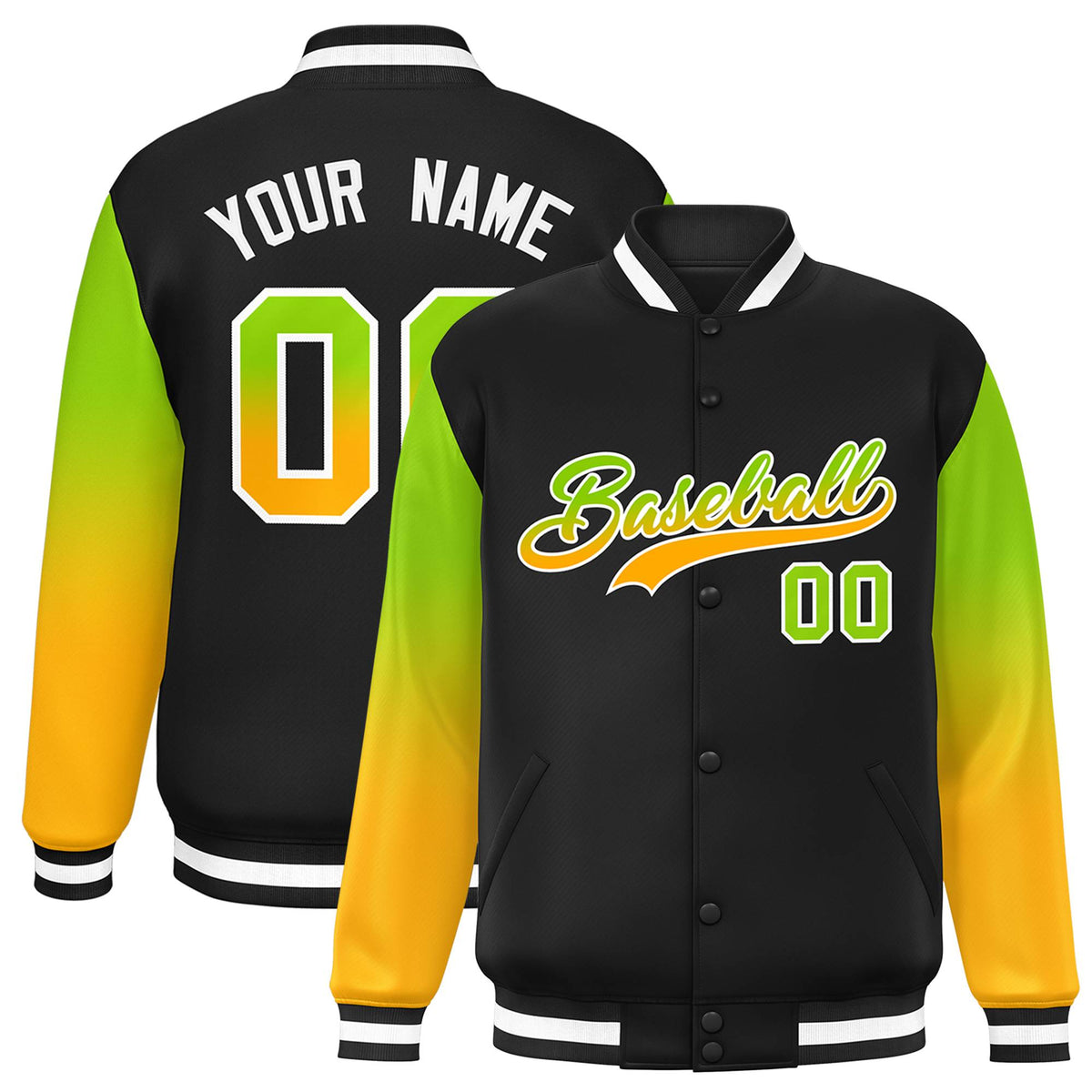 Custom Black Neon Green-Yellow Gradient Varsity Full-Snap Raglan Sleeves Baseball Jacket