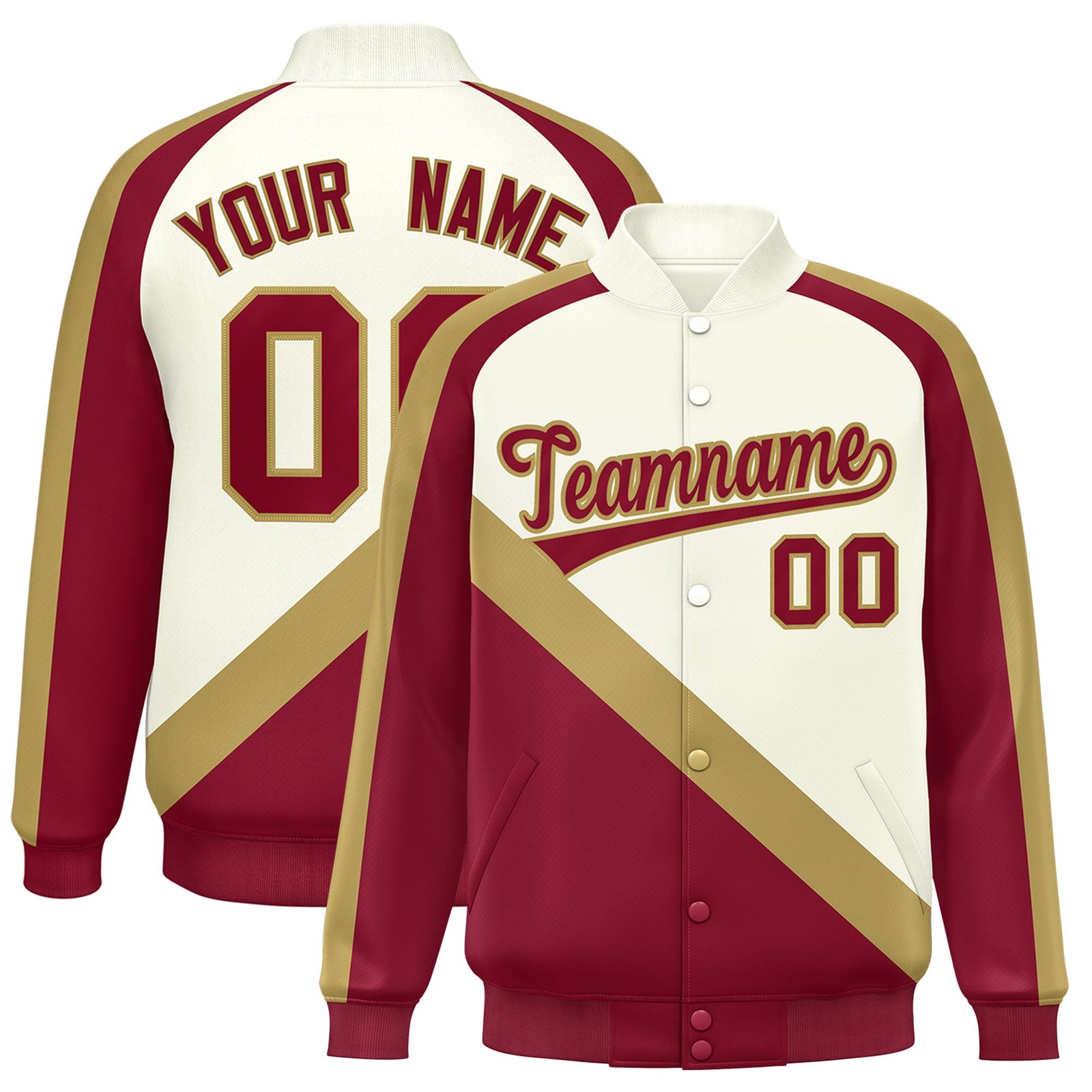 Custom Cream Crimson Raglan Sleeves Varsity Full-Snap Letterman Baseball Jacket