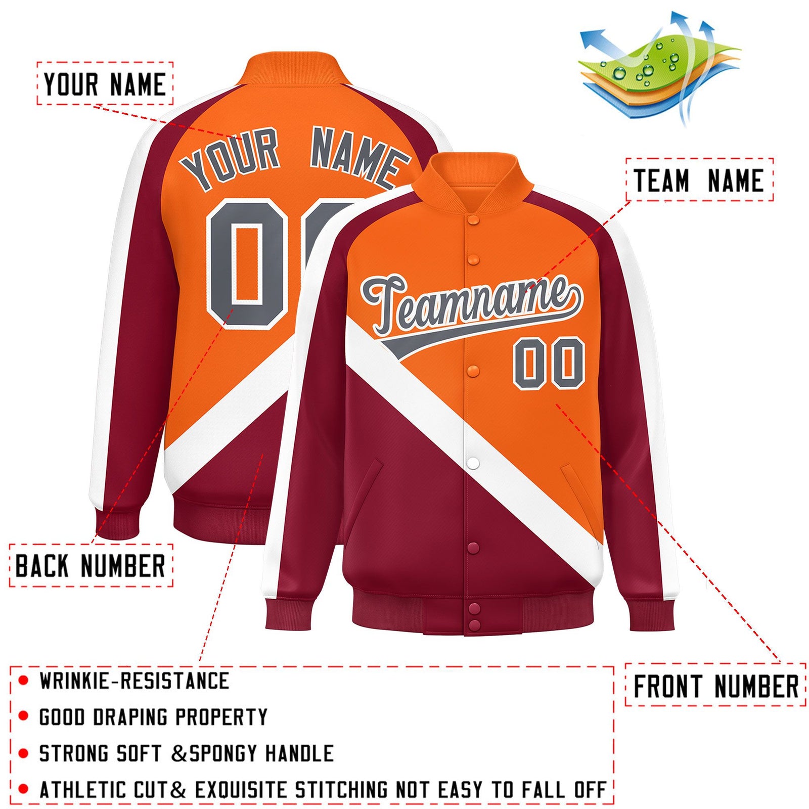 Custom Orange Crimson Raglan Sleeves Varsity Full-Snap Letterman Baseball Jacket
