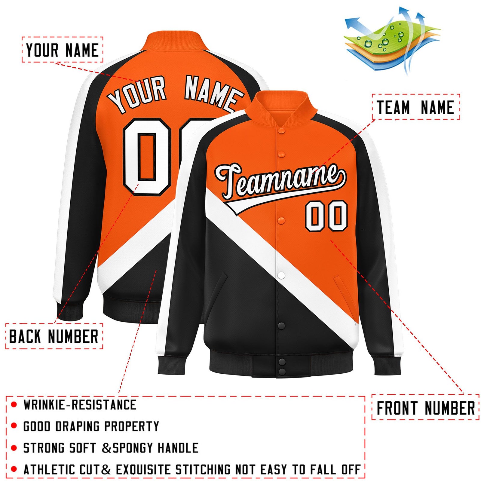 Custom Orange Black Raglan Sleeves Varsity Full-Snap Letterman Baseball Jacket