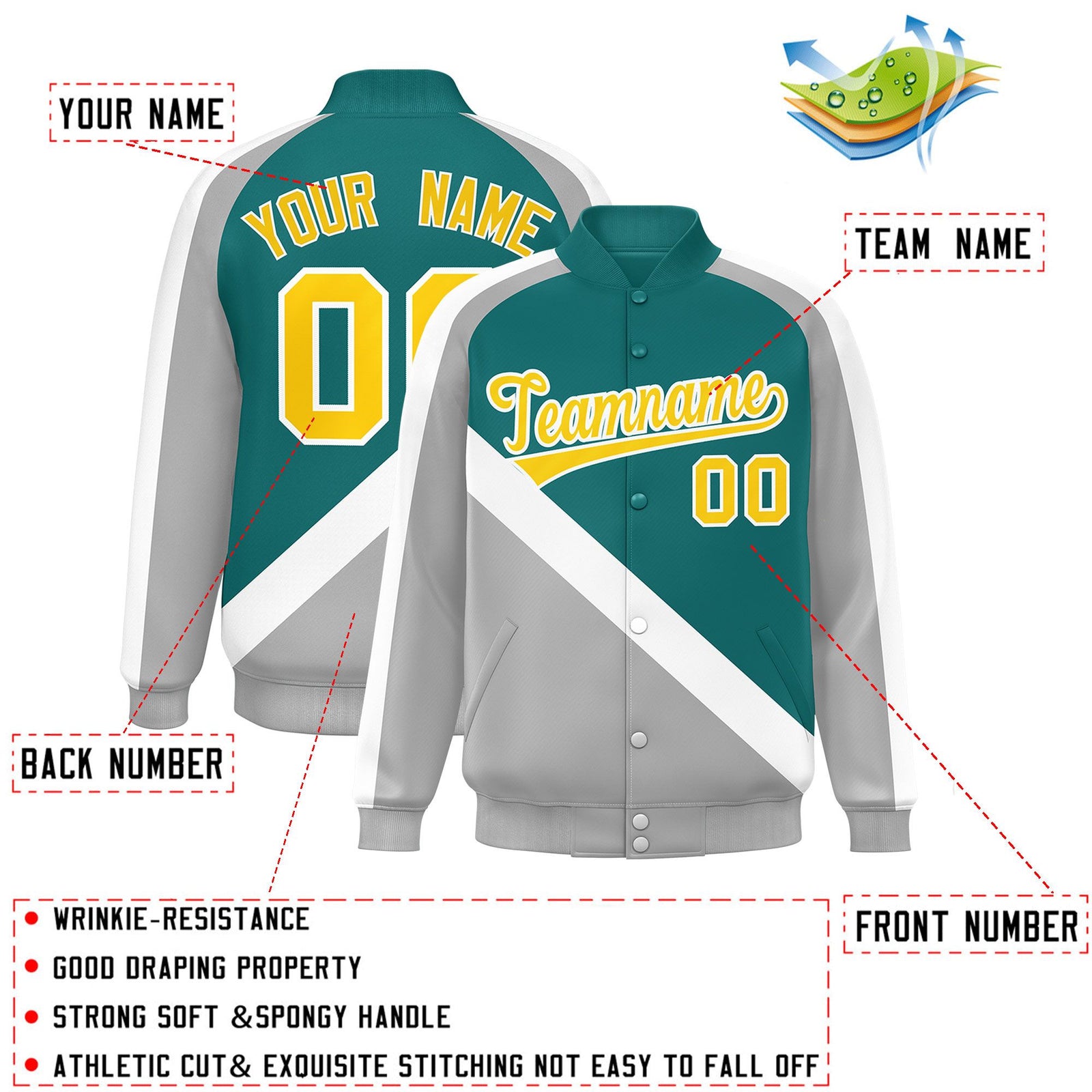Custom Aqua Gray Raglan Sleeves Varsity Full-Snap Letterman Baseball Jacket