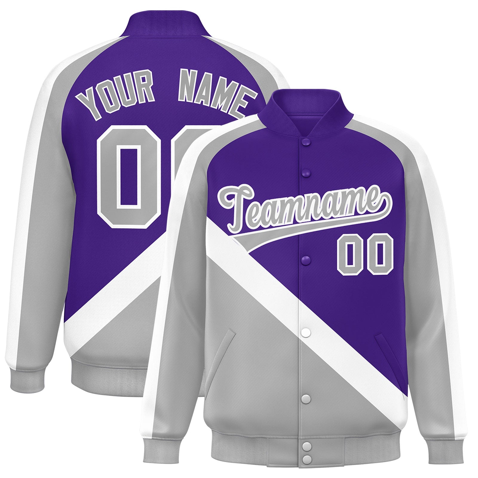 Custom Purple Gray Raglan Sleeves Varsity Full-Snap Letterman Baseball Jacket