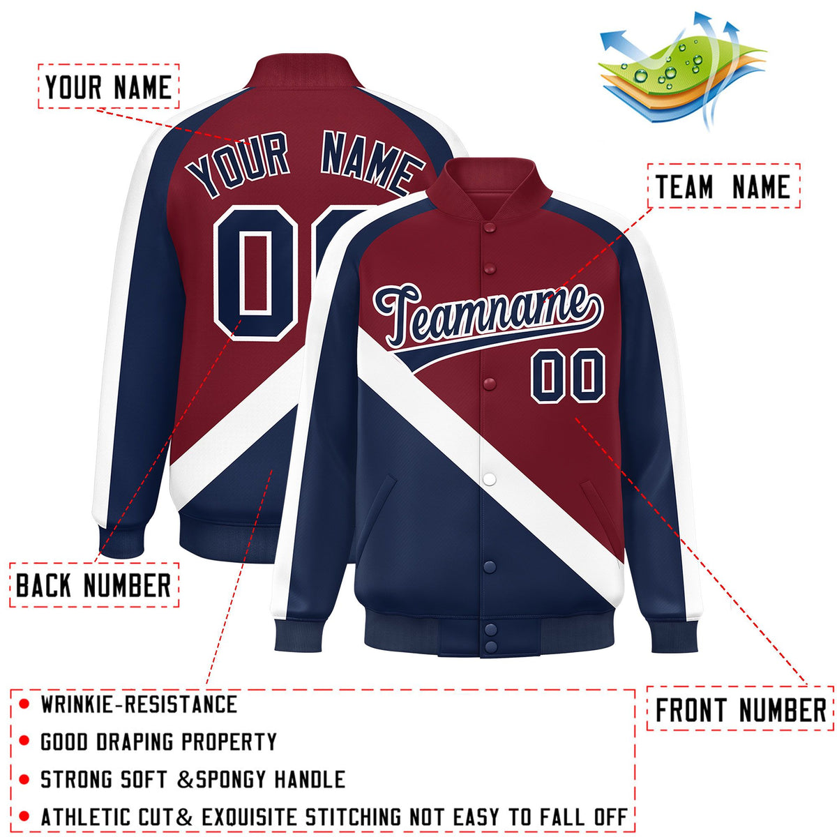 Custom Crimson Navy Raglan Sleeves Varsity Full-Snap Letterman Baseball Jacket