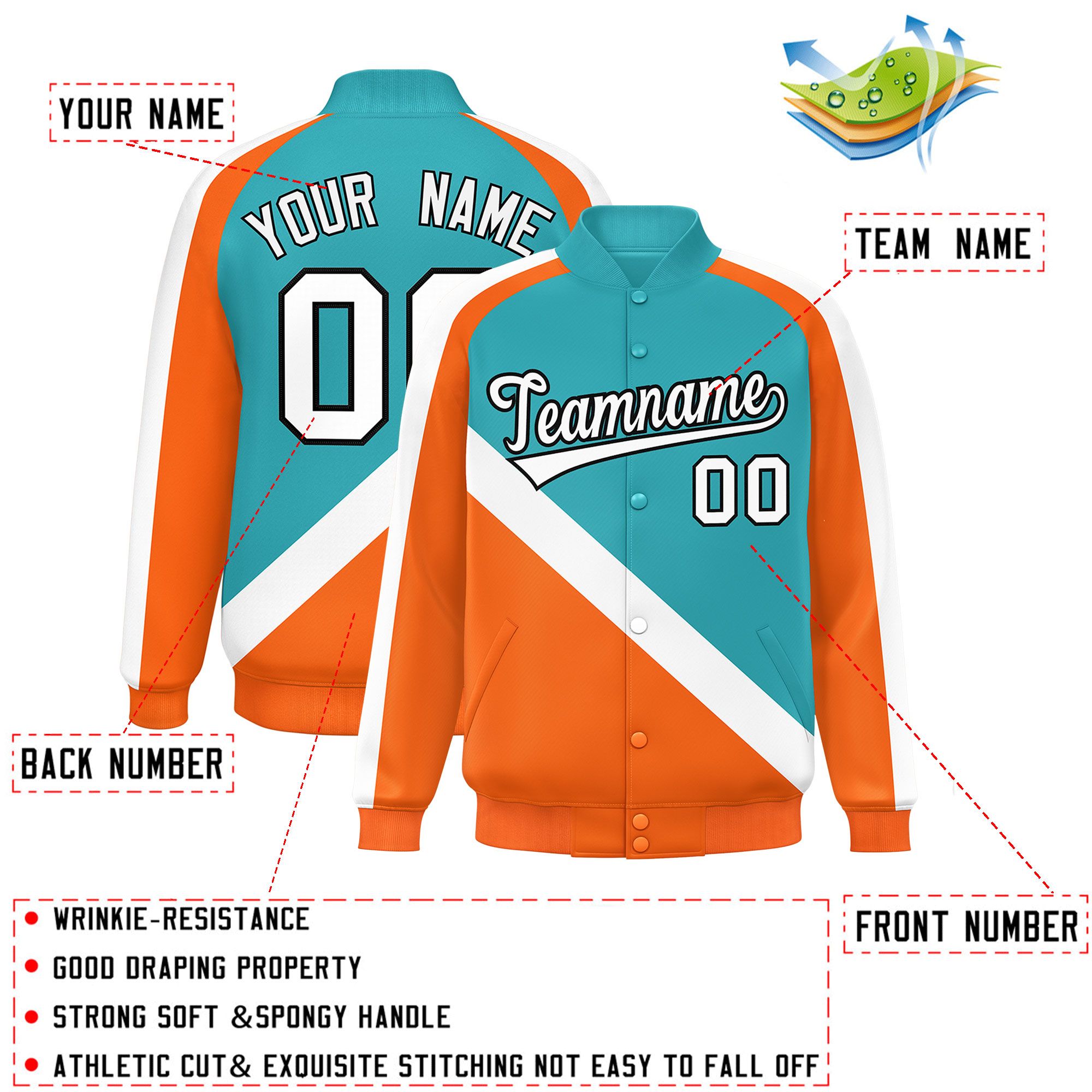 Custom Aqua Orange Raglan Sleeves Varsity Full-Snap Letterman Baseball Jacket