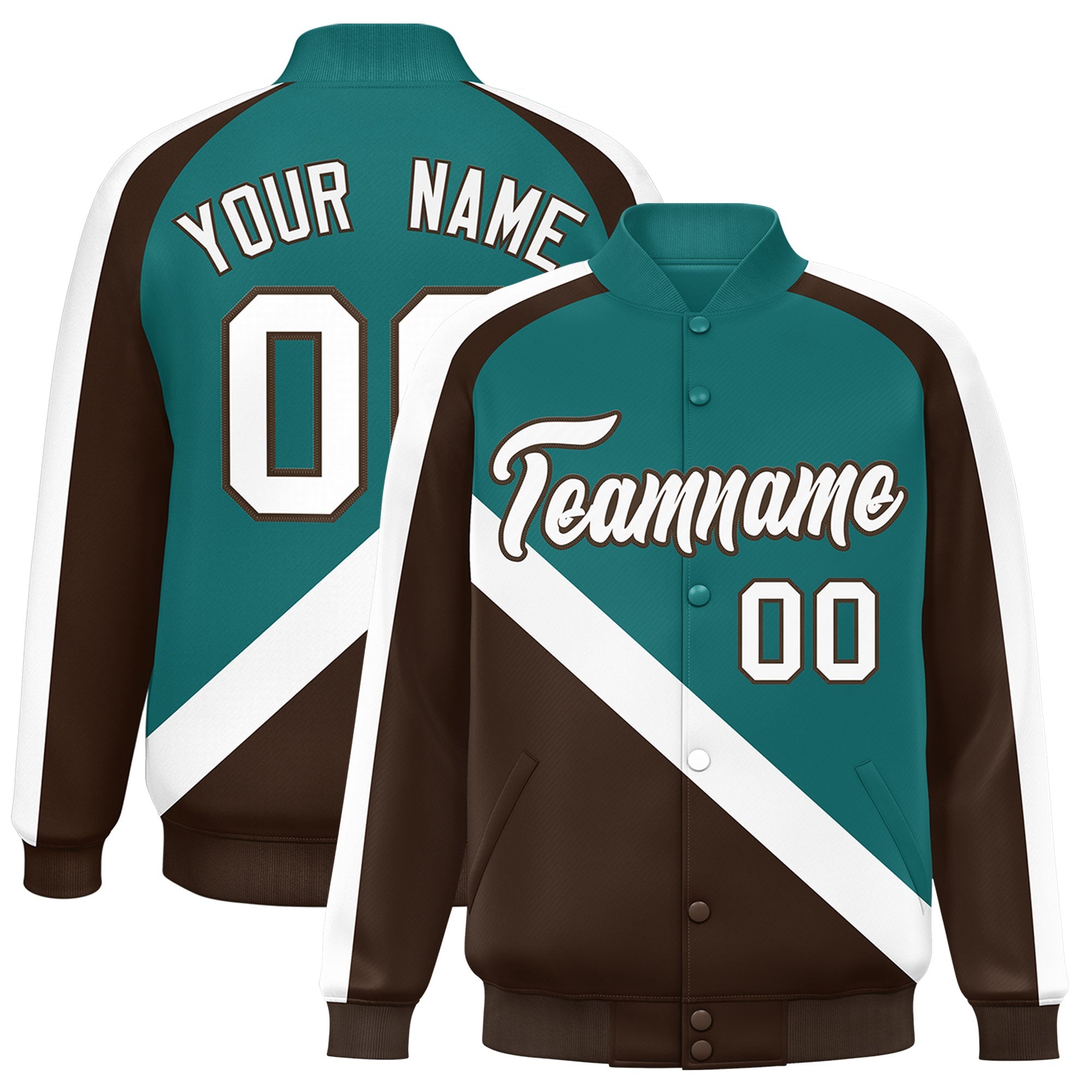 Custom Aqua Brown Raglan Sleeves Varsity Full-Snap Letterman Baseball Jacket